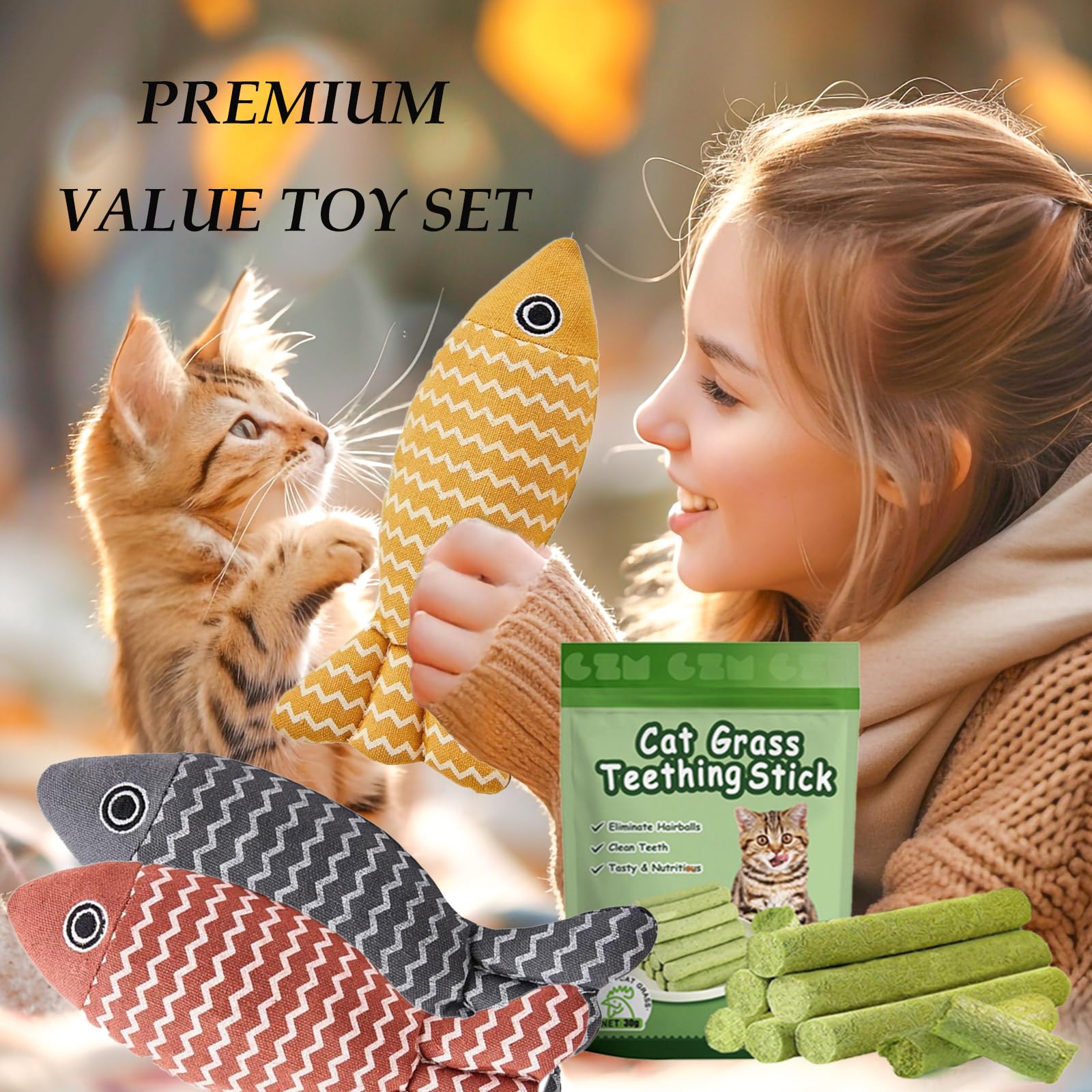 Grembeb Cat Toys For Indoor Cats 9Pcs Wavy Fish Toy Catnip Toys Cats Interactive Toys Kitten Dental Gifts Cat Kicker Grass Stick