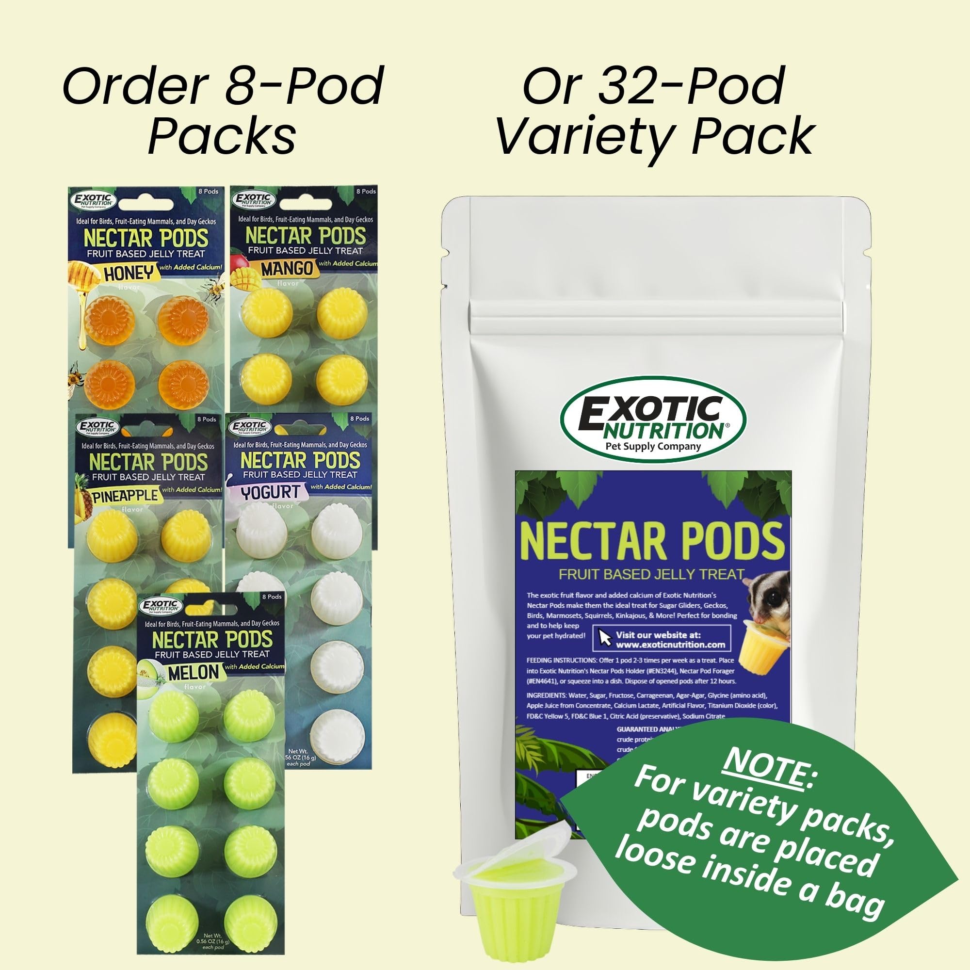 Exotic Nutrition Nectar Pods Variety 5 Pack - 40 Calcium-Fortified Jelly Fruit Pods for Small Pets