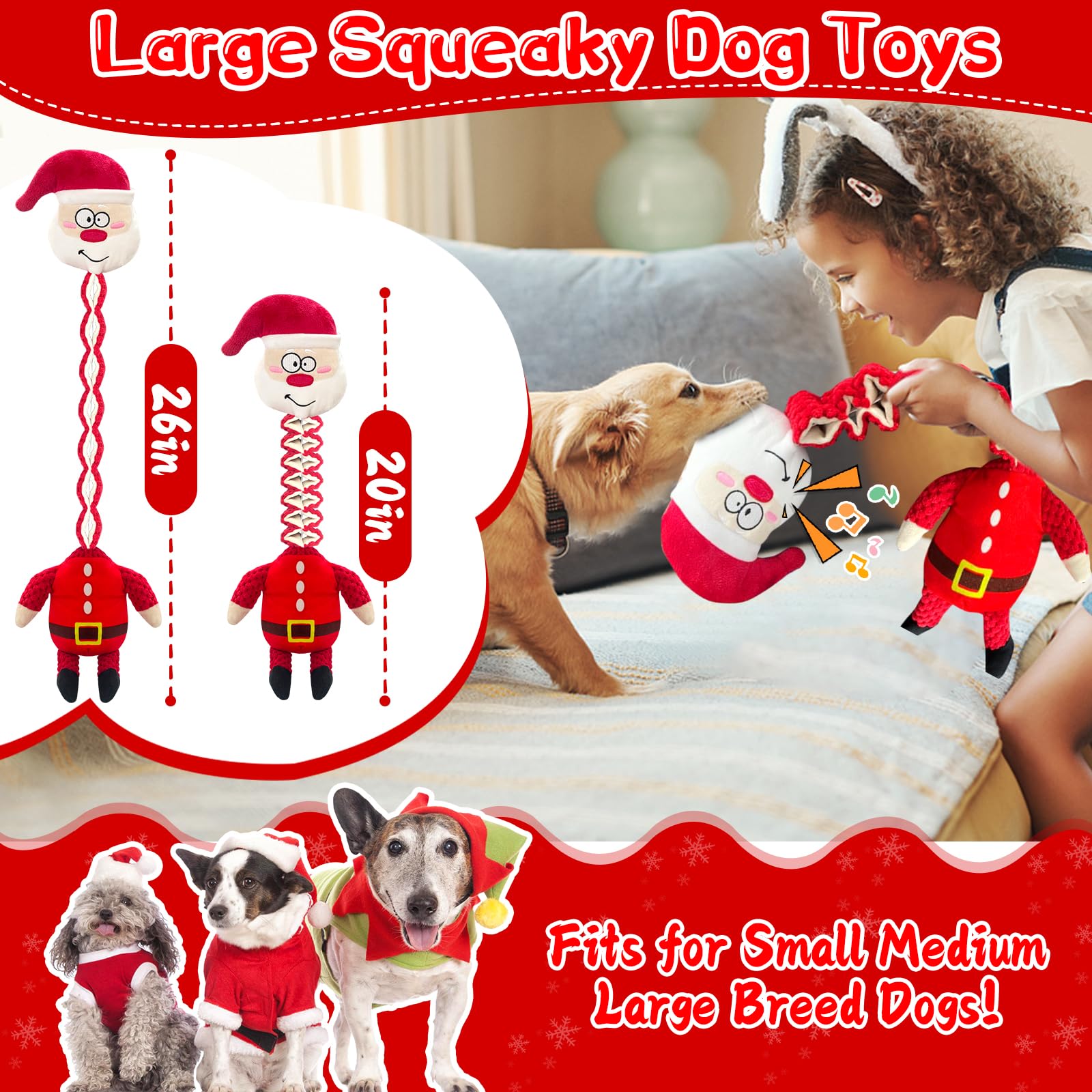 Kachewlulu Christmas Large Interactive Dog Toys: Squeaky Plush Stuffed Dog Toy For Large Dogs - Big Chew Santa Dogs Toys For Pup