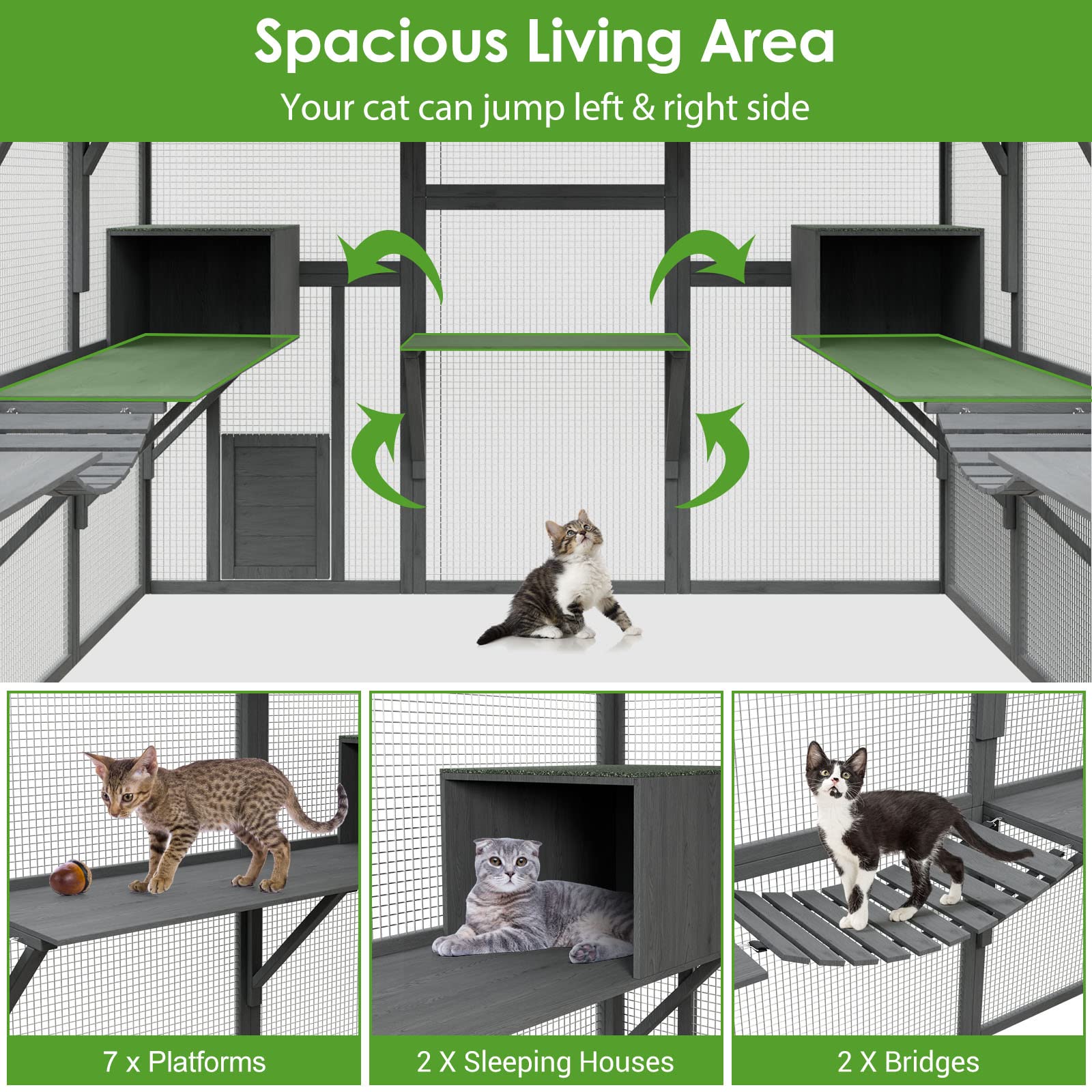 Lovinouse Large Wooden Outdoor Cat House, 57.2Ft Cat Run Enclosure Walk In Catio Kitten Condo With 2 Doors, 2 Playpen & Hiding H