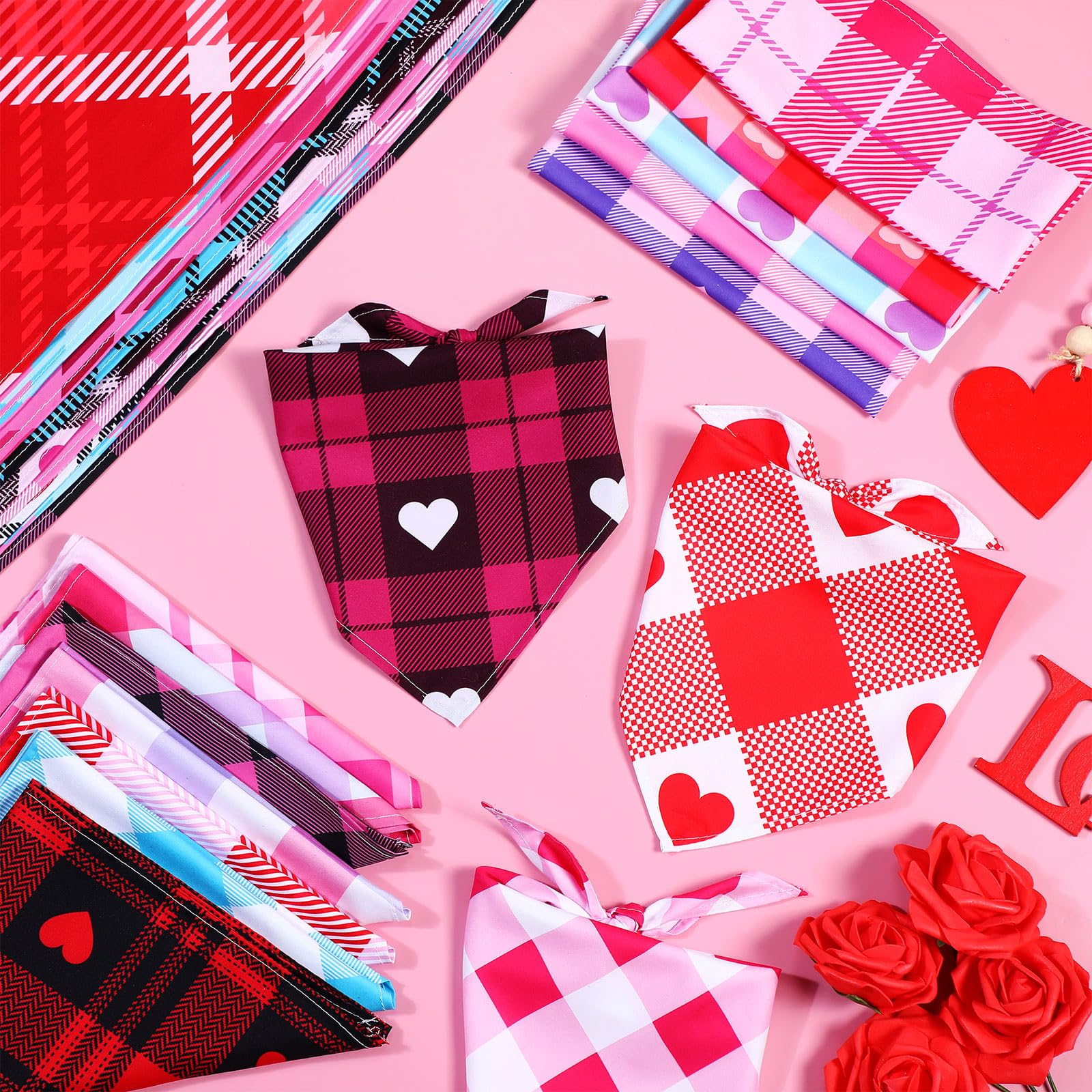 Sweetude 60 Pcs Wedding Plaid Dog Bandanas Bulk Heart Pet Scarf Bibs Mother'Day Adjustable Washable Kerchief Holiday Pet Costume