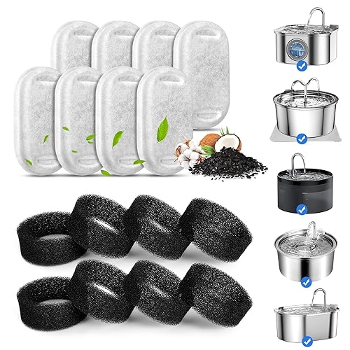 Cat Water Fountain Filters For 108/3.2L& 67Oz/2L Stainless Steel Cat Fountain-Pet Water Dispenser, Replacement Filters For Pet Drinking Fountain(8 Filters&8 Sponges)