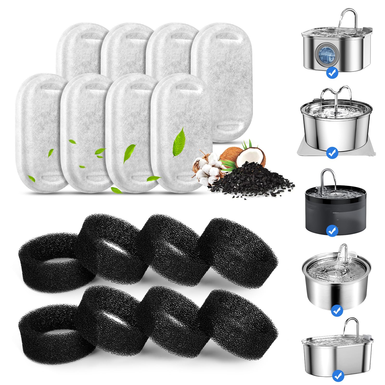 Cat Water Fountain Filters For 108/3.2L& 67Oz/2L Stainless Steel Cat Fountain-Pet Water Dispenser, Replacement Filters For Pet Drinking Fountain(8 Filters&8 Sponges)