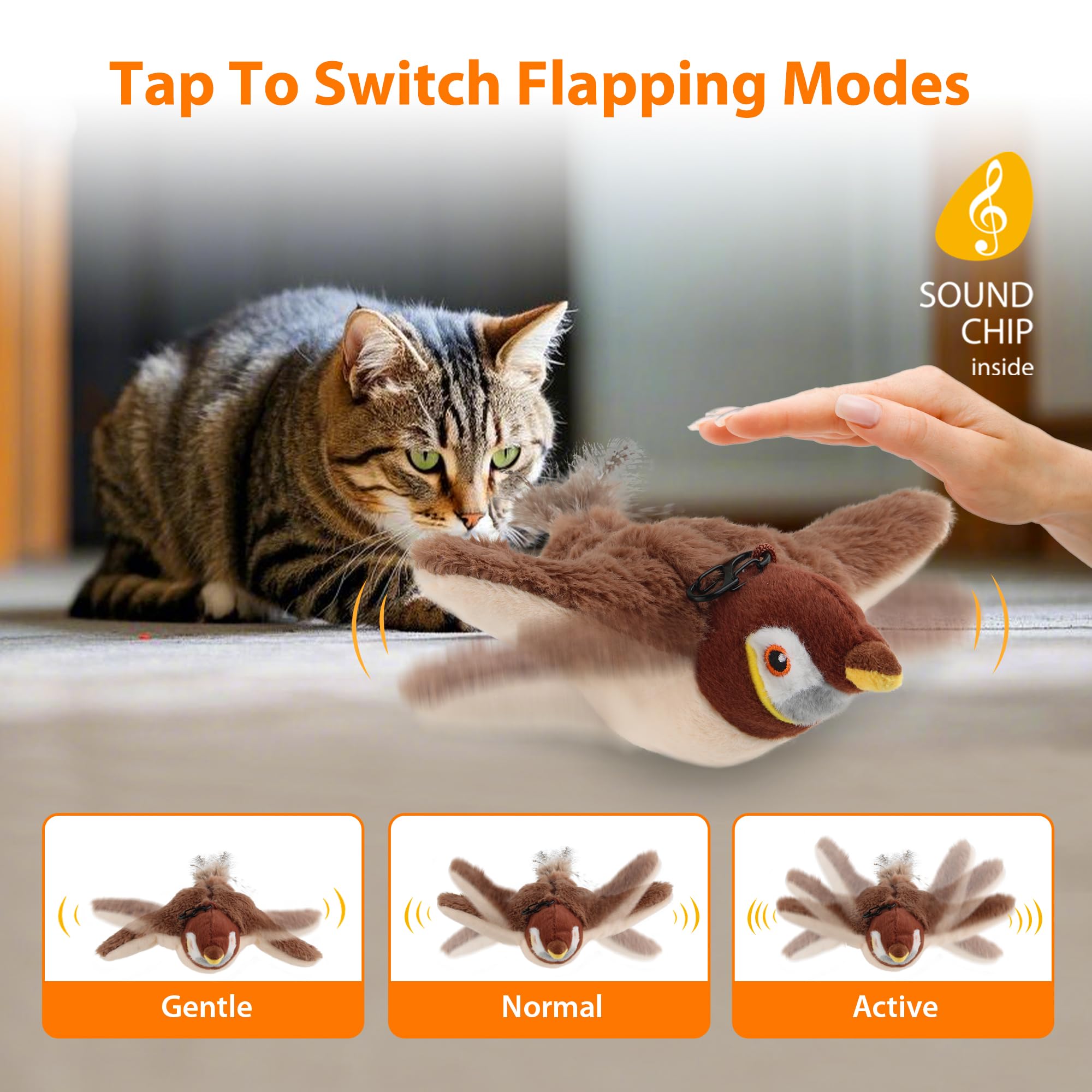 Skipdawg Petgeek Flapping & Chirping Bird Cat Toy For Indoor Cats With Catnip, Usb Rechargeable Motion Activated, Interactive Be