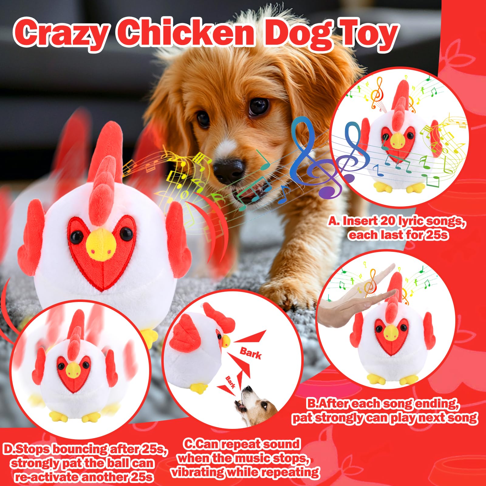 Interactive Dog Toys, Crazy Chicken Dog Toy with Pop Songs and Recording Mode, Rechargeable Active Self Moving Ball for Small/Me
