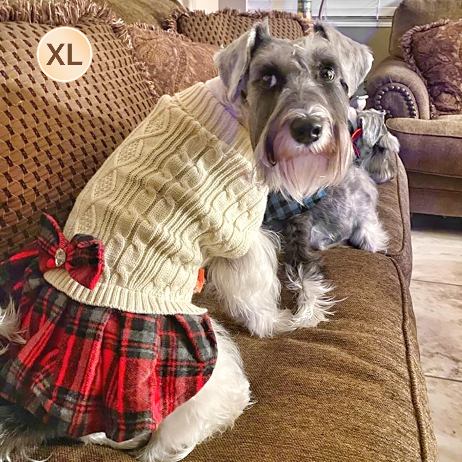 Kyeese Dog Sweater Dress Beige For Small Medium Dogs With Bowtie Buffalo Check Turtleneck Dog Sweaters Warm Pet Sweater