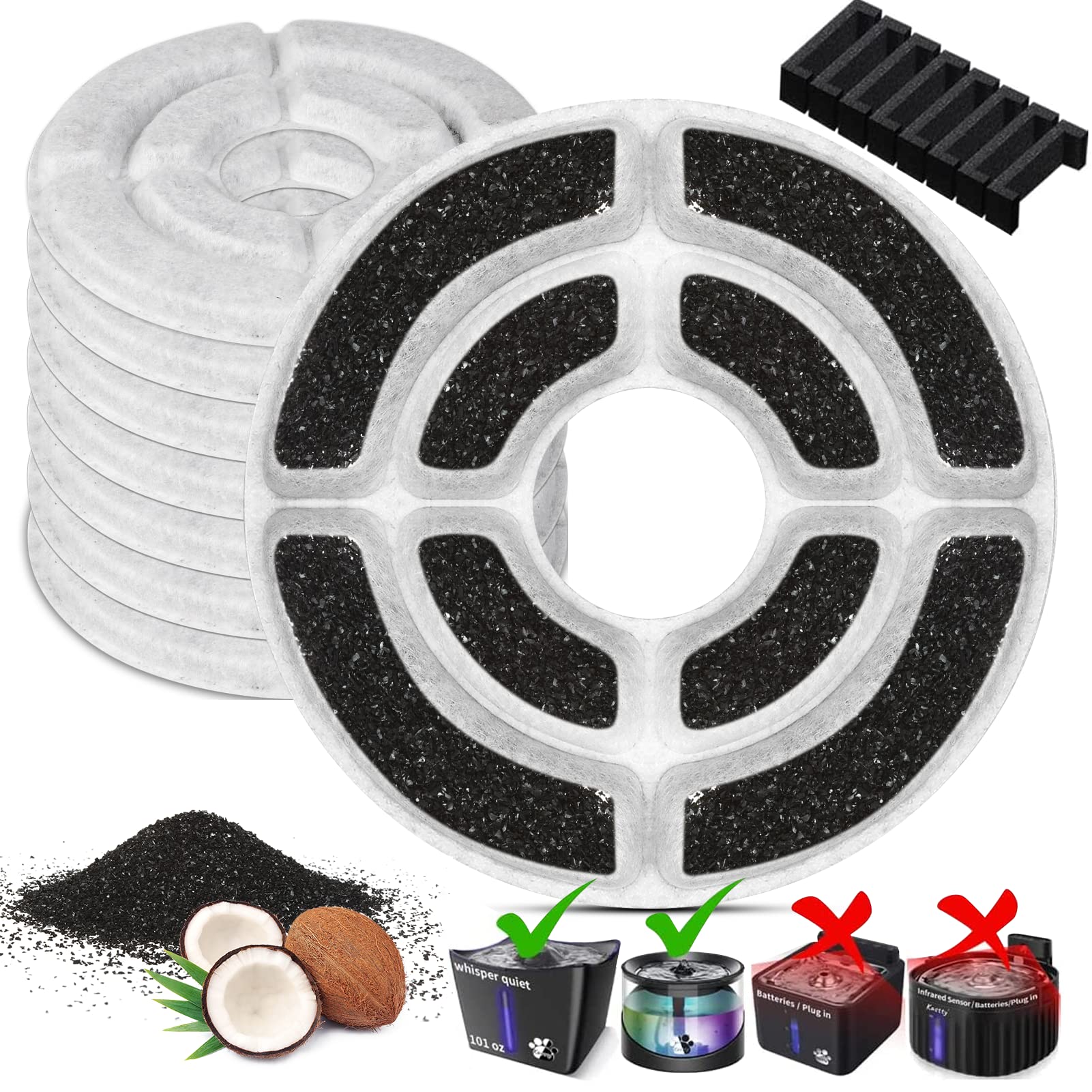 ?More Activated Carbon?8 Pack Replacement Filters for Kastty 3L Cat Water Fountain, Food Grade Water Fountain Filter for Kastty 