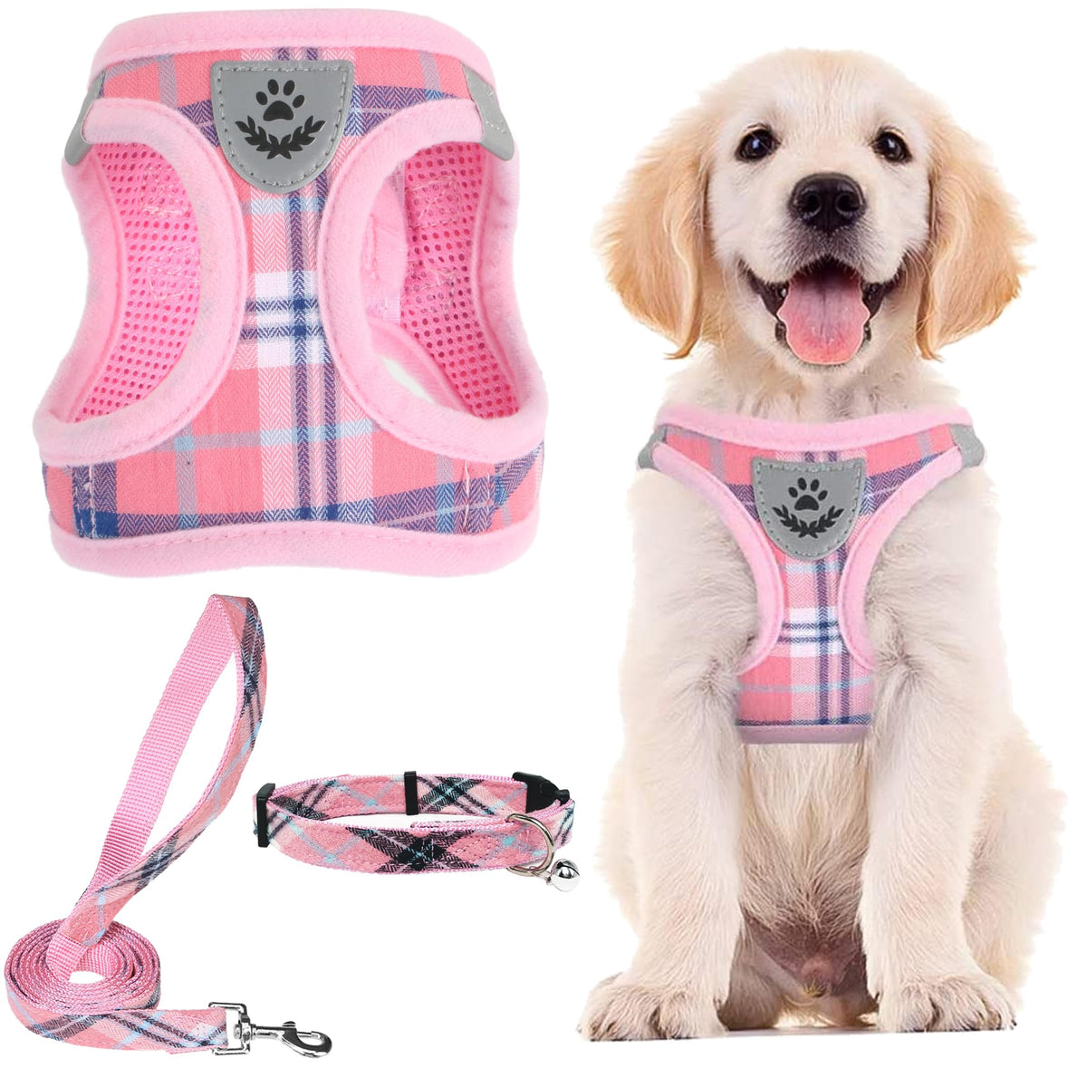 Pupteck Adjustable Dog Harness Collar And Leash Set Step In No Pull Pet Harness For Small Medium Dogs Puppy And Cats Outdoor Walking Running, Soft Mesh Padded Reflective Vest Harnesses, Pink Xxs