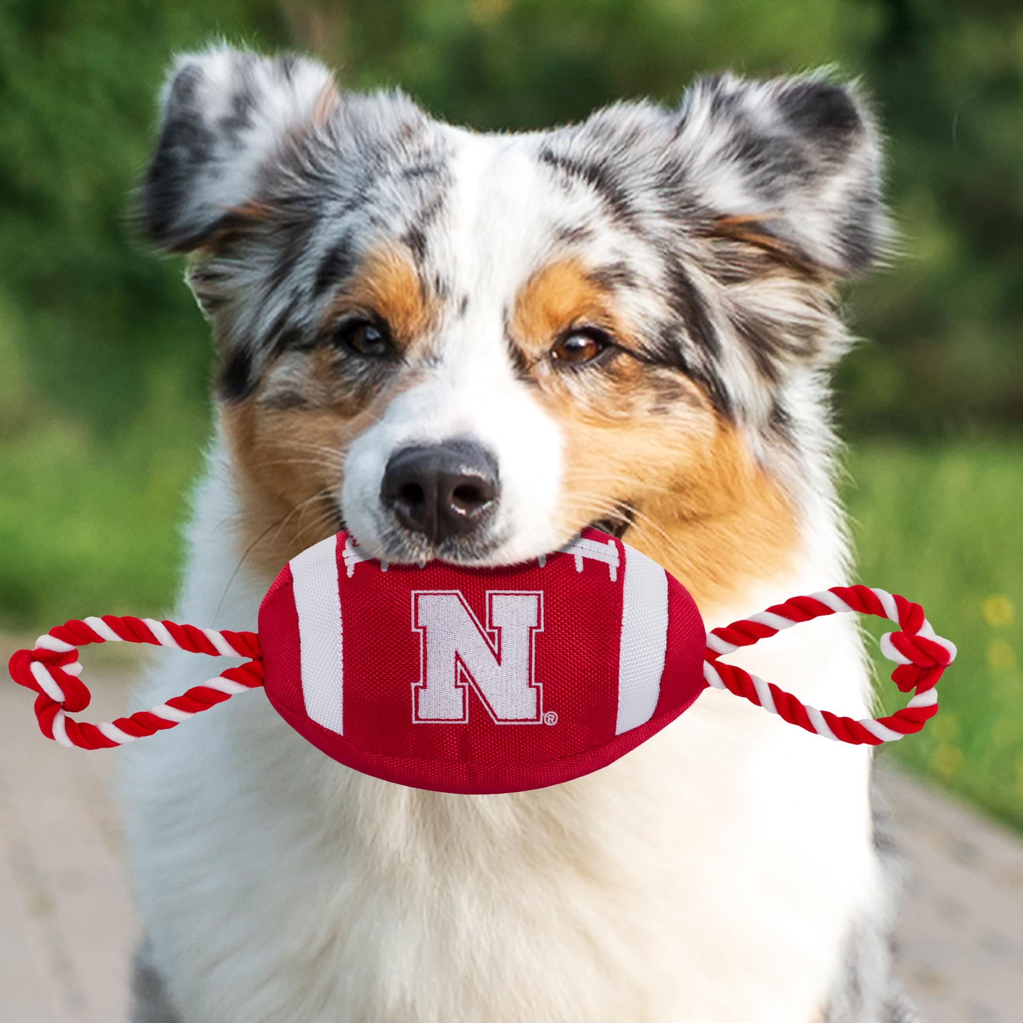 Pets First NCAA Nebraska Cornhuskers Football Dog Toy, Tough Quality Nylon Materials, Strong Pull Ropes, Inner Squeaker, Collegi