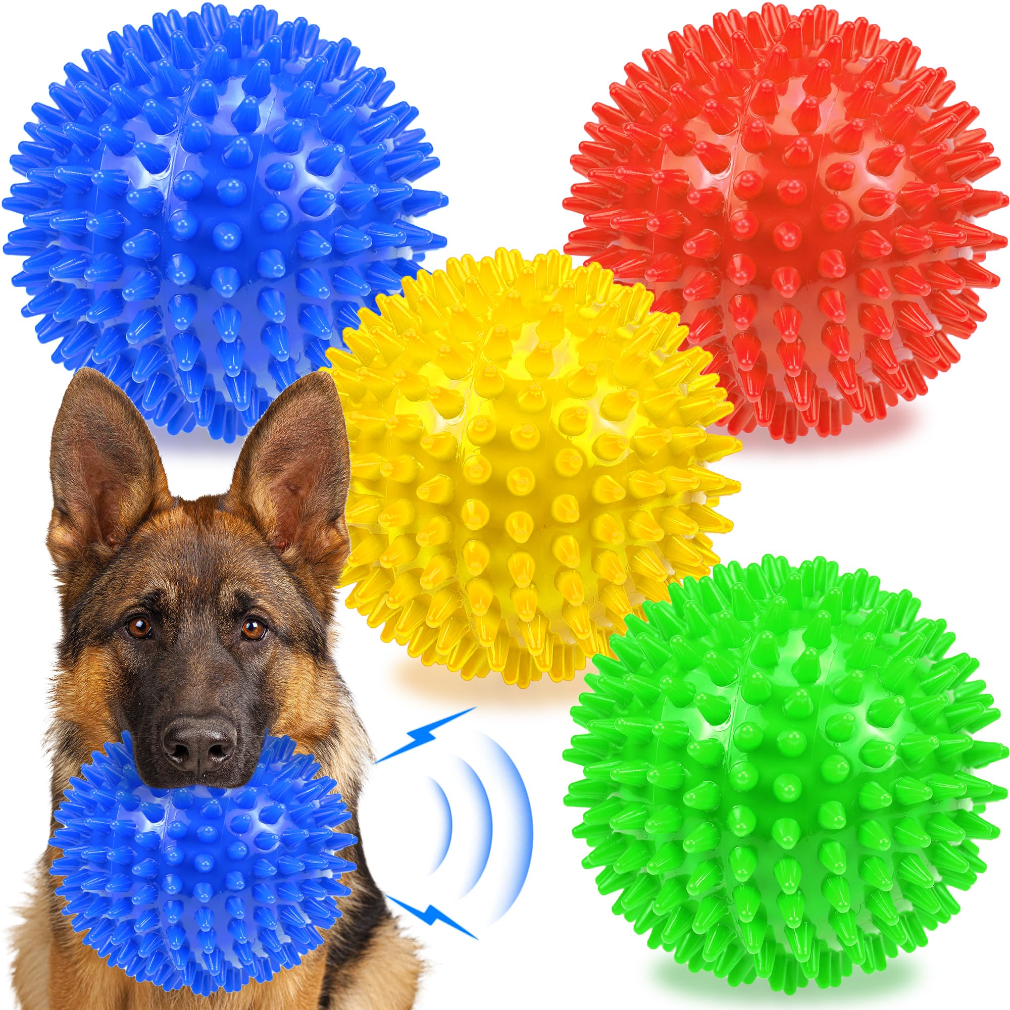 Ousiya 4.5'' Squeaky Dog Balls for Aggressive Chewers - Heavy Duty Teething Toys for Large Medium Dogs - Durable Spikey Balls (4