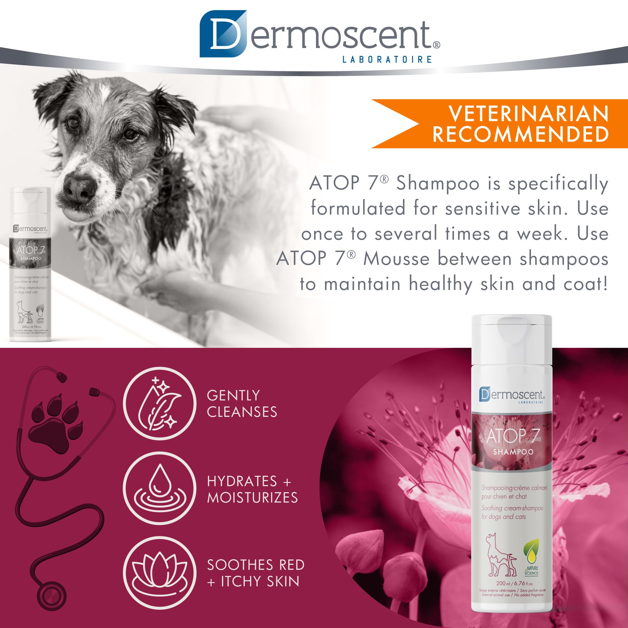 Dermoscent Atop 7 Shampoo For Dogs & Cats - Allergies & Itchy Skin Relief - Natural Ingredients - Helps Soothe Dermatitis & Atop