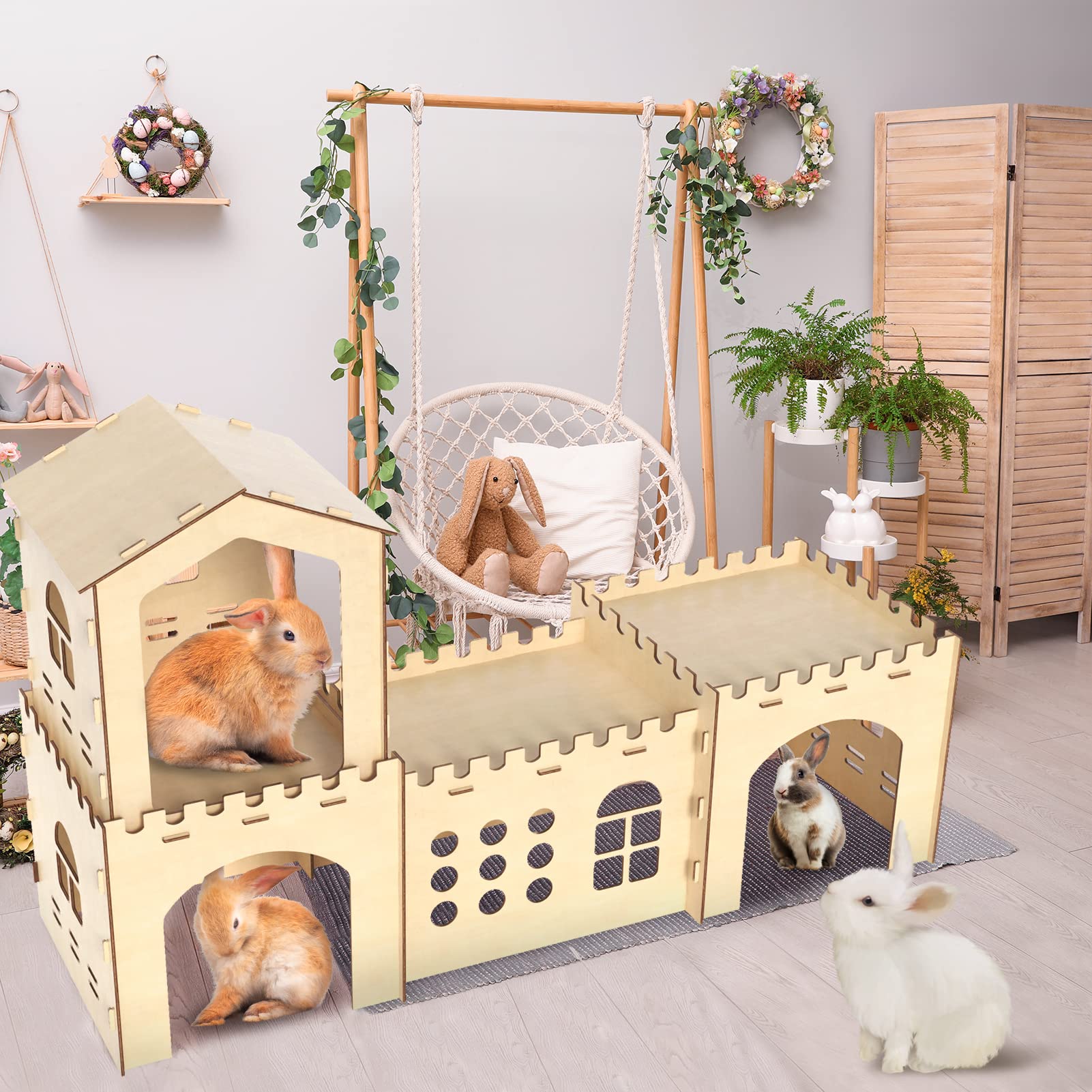 Woiworco Extra Large Rabbit Hideout, Wooden Rabbit Castle Bunny Spacious Breathable Hideouts For Indoor Bunnies, Hamsters And Gu