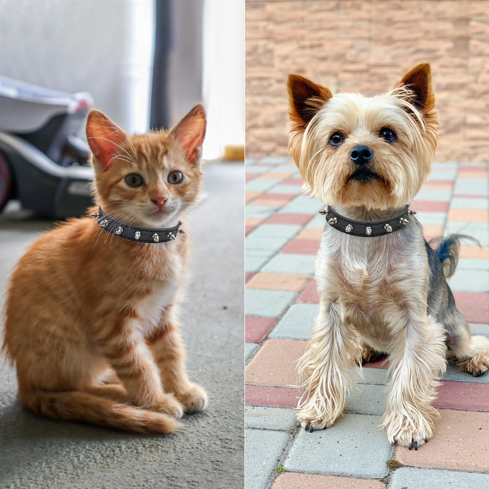 Enjoying Spiked Cat Collar, Leather Spikes Dog Collars For Cats Small Dogs, Adjustable Pet Collar With Rings, Black Xs