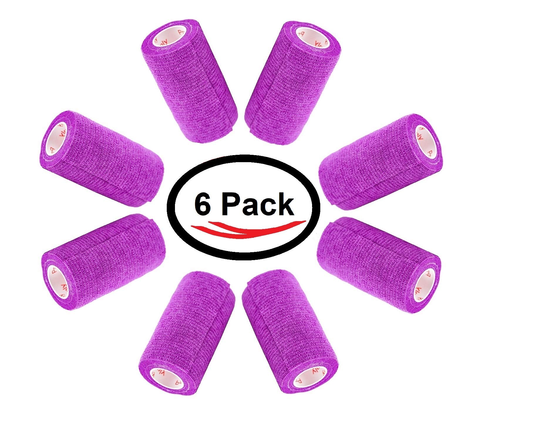 4 Inch Vet Wrap Tape Bulk (Purple) (Pack Of 6) Self Adhesive Adherent Adhering Flex Bandage Grip Roll For Dog Cat Pet Horse