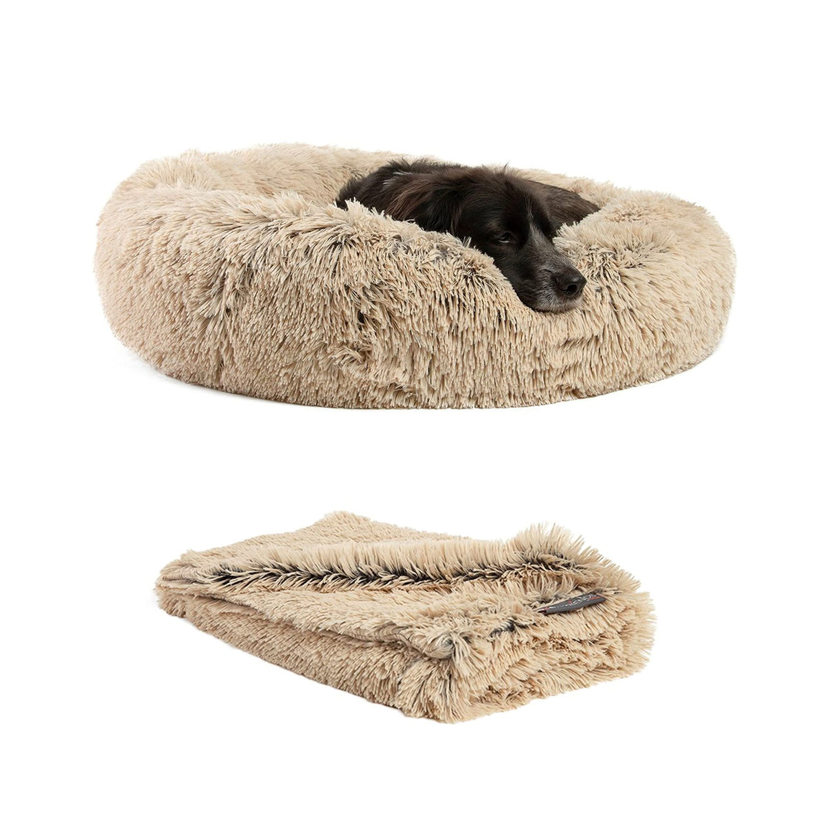 Best Friends By Sheri Bundle Set The Original Calming Shag Donut Cuddler Cat And Dog Bed + Pet Throw Blanket Taupe Extra Medium 
