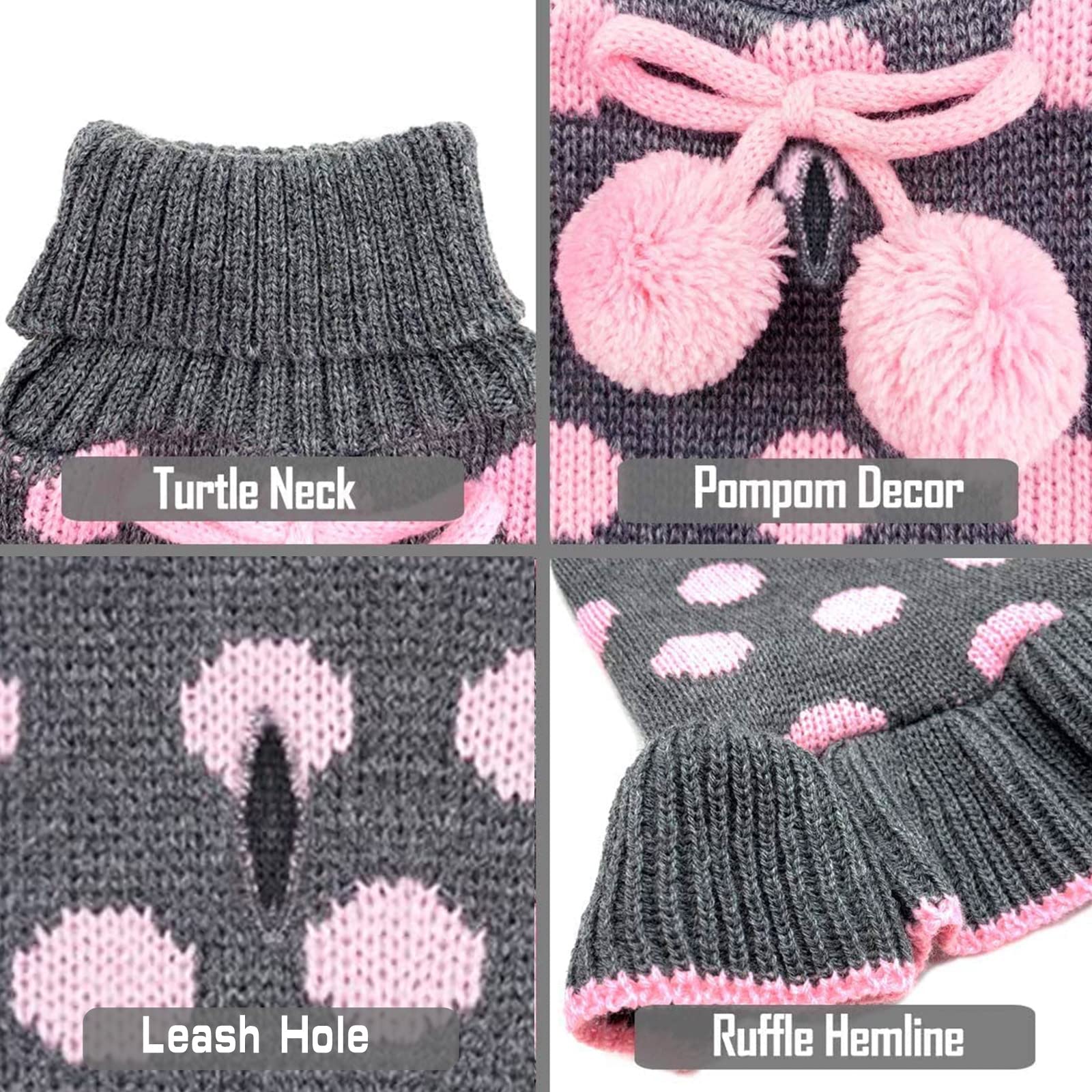 Kyeese Dog Sweaters With Leash Hole Small Turtleneck Dog Sweater Dress For Girl Polka Dot Knit Warm Pet Clothes With Pom Pom Bal