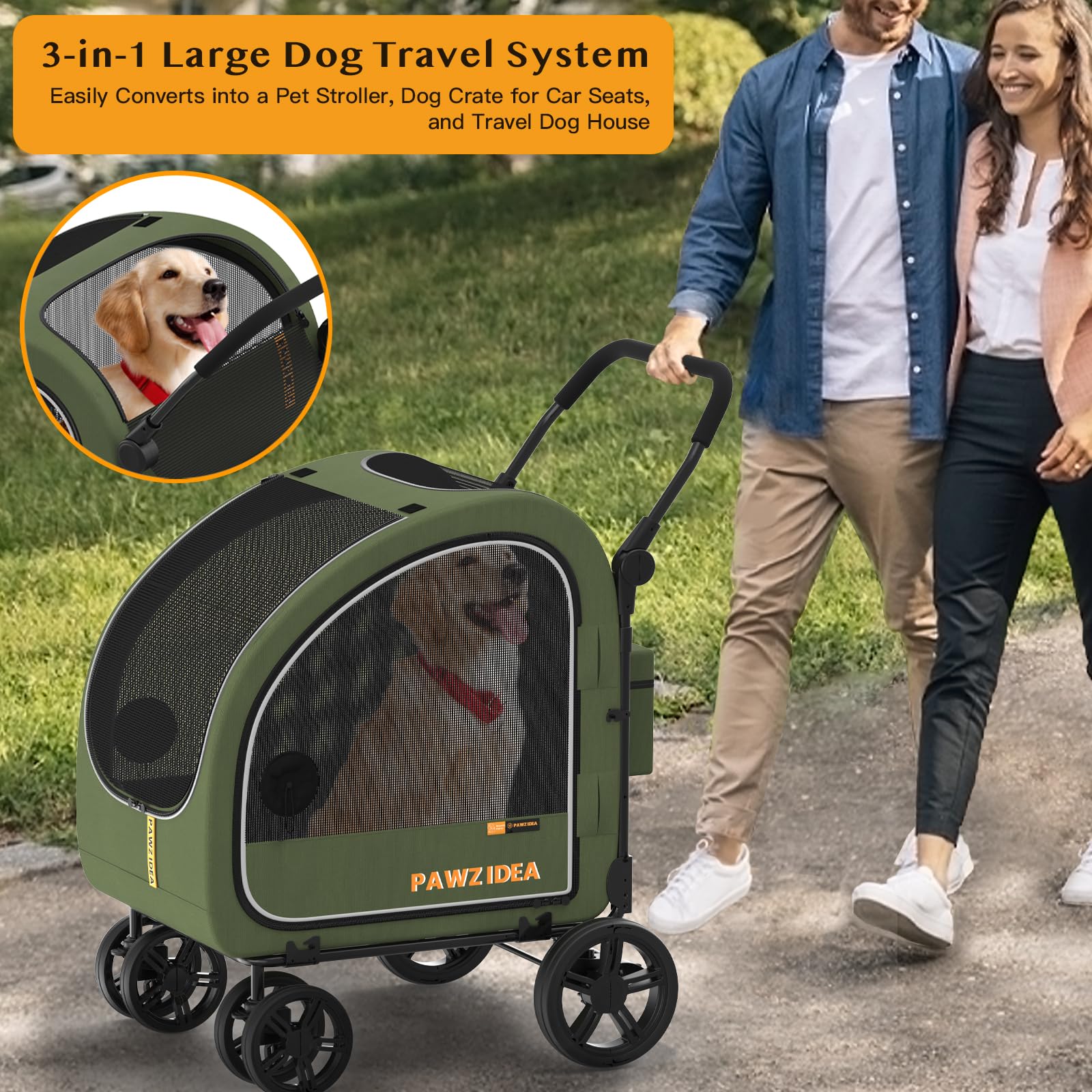 PAWZIDEA Dog Stroller for Large Dogs, Collapsible Pet Stroller with Detachable Carrier, Portable Dog Crate for Car Seat, Adjusta