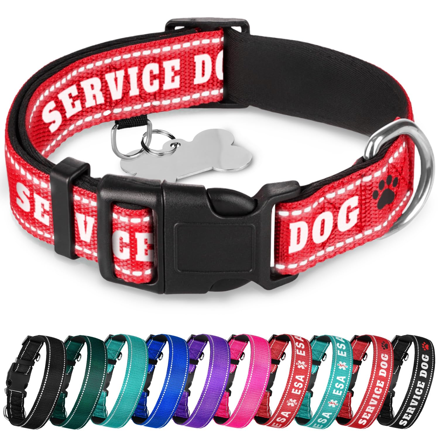 Teceum Reflective Pet Collar - Crimson - Service Dog - M - Extra Soft Padding - Basic Nylon Dog Collar - Quick Release Buckle - 
