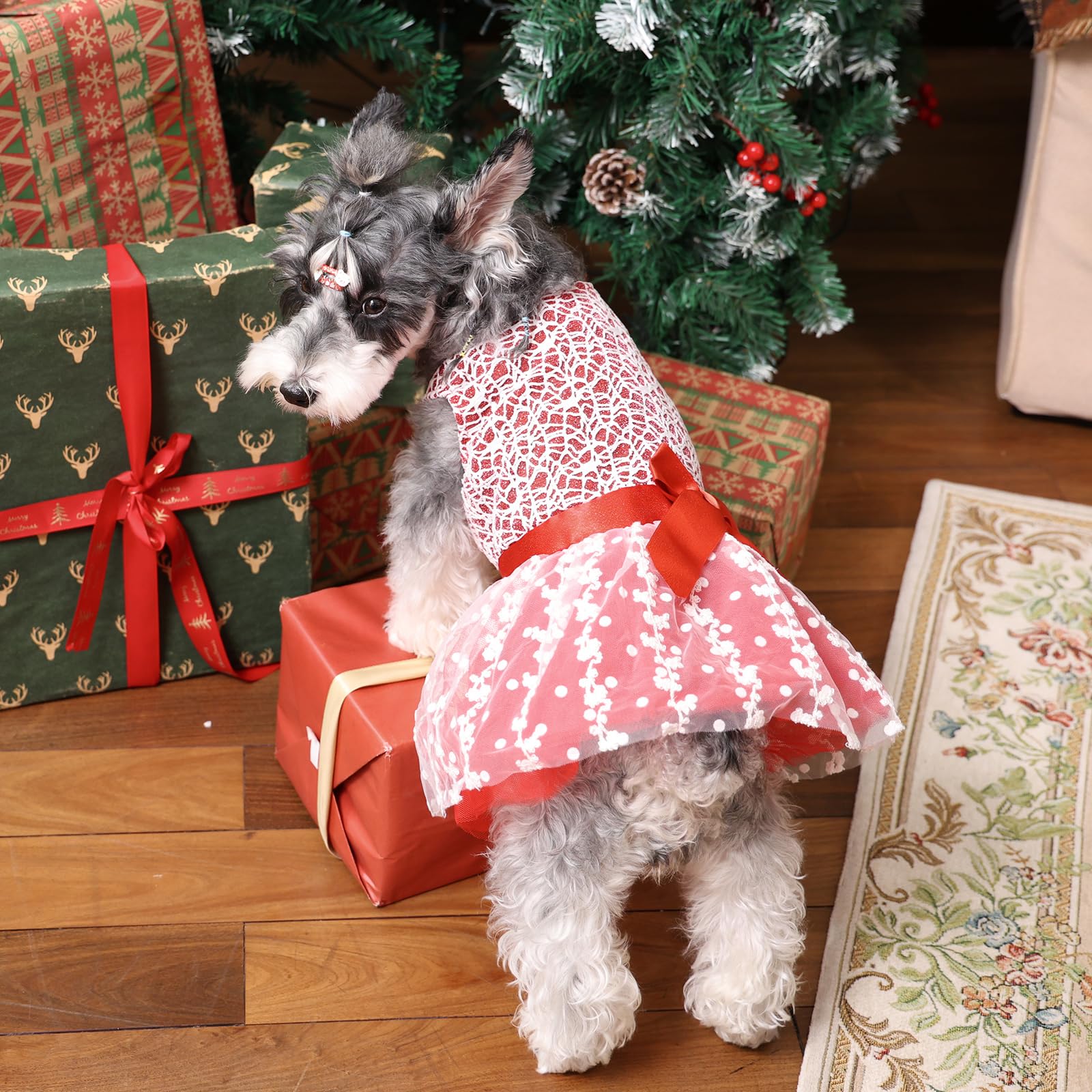 Cutebone Red Dog Dress Outfit Puppy Skirt Shining Embroiderd Tutu With Bowknot Pet Clothes Girl For Wedding Birthday Party Cat Apparel Dd09L