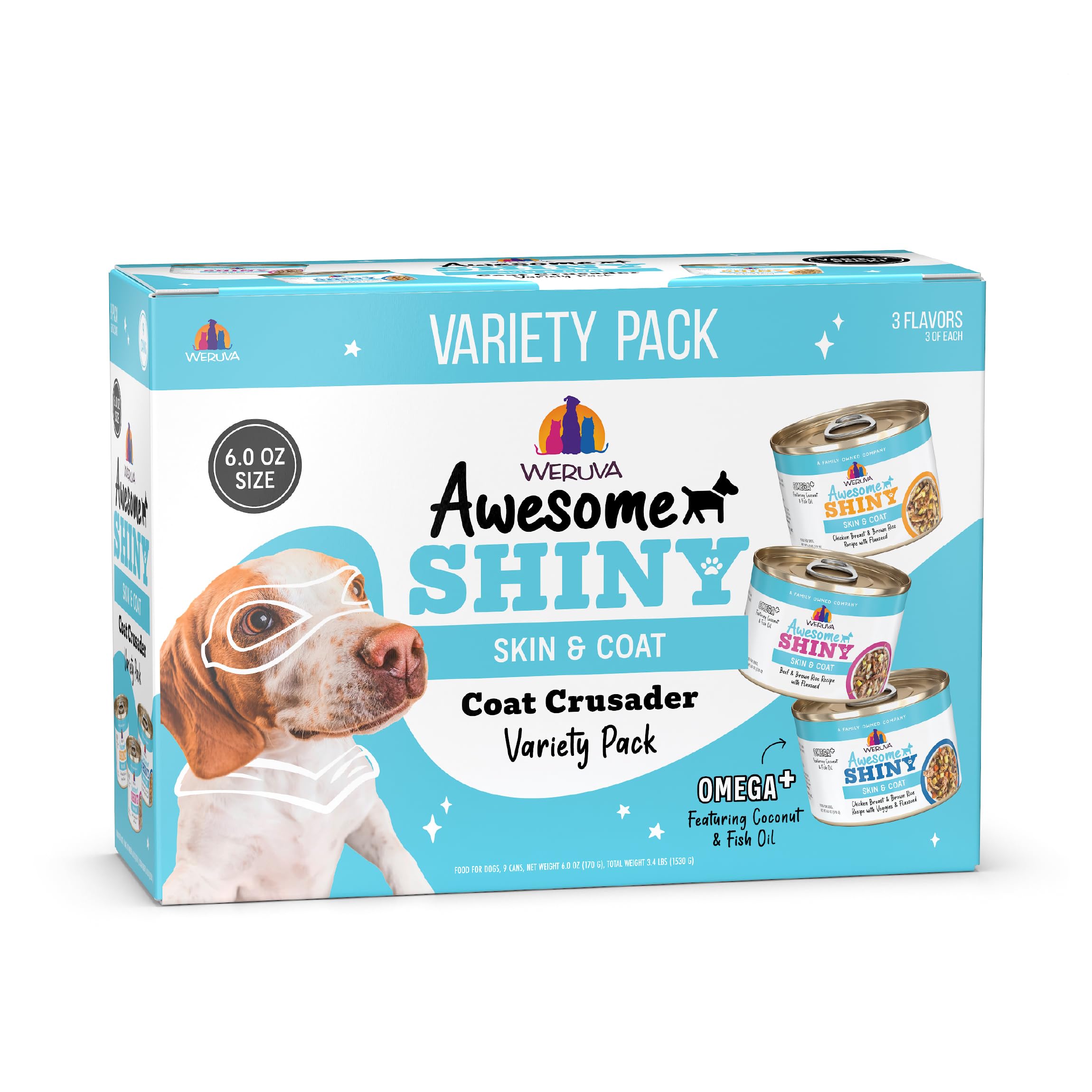 Weruva Awesome Shiny Wet Dog Food, Coat Crusader Variety Pack, 6oz Can (Pack of 9)