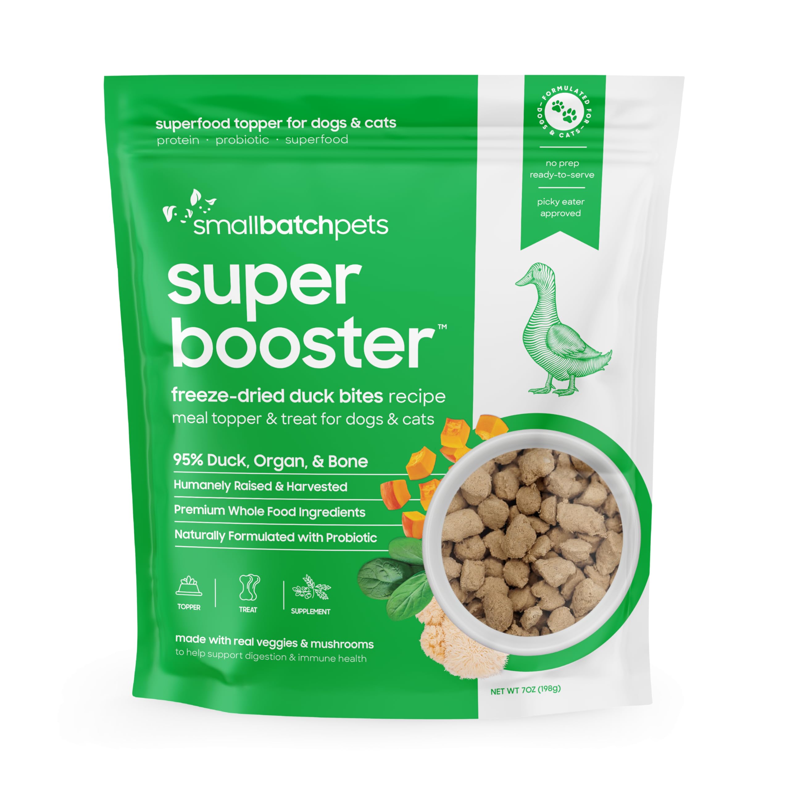smallbatch Pets Freeze-Dried Super Booster Duck Bites for Dogs & Cats, 7 oz, Made in The USA, Organic Produce, Humanely Sourced 