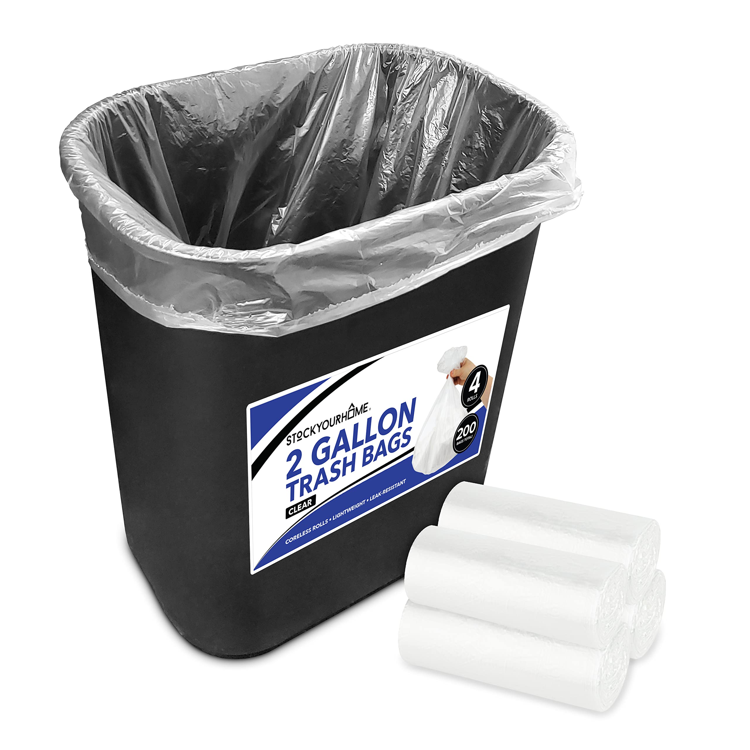 Stock Your Home Clear 2 Gallon Trash Bag (200 Pack) Un-Scented Small Garbage Bags for Bathroom Can, Mini Waste Basket Liner, Pla