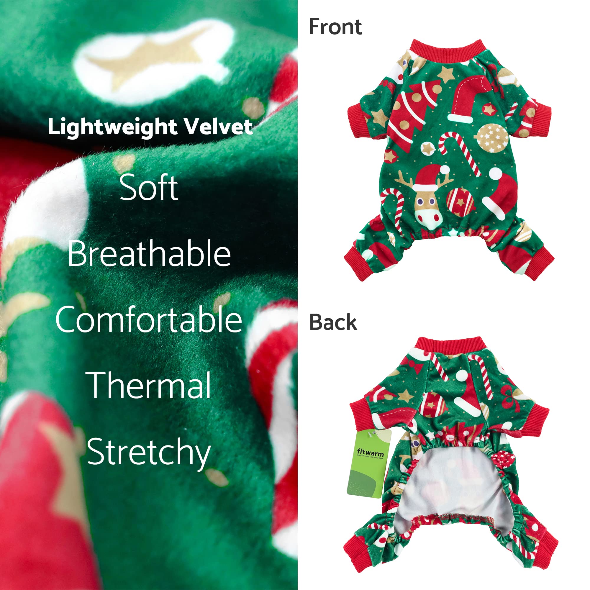 Fitwarm Christmas Dog Pajamas, Dog Winter Clothes For Small Dogs Boy Girl, Lightweight Velvet Pet Jammies, Reindeer, Red, Green,