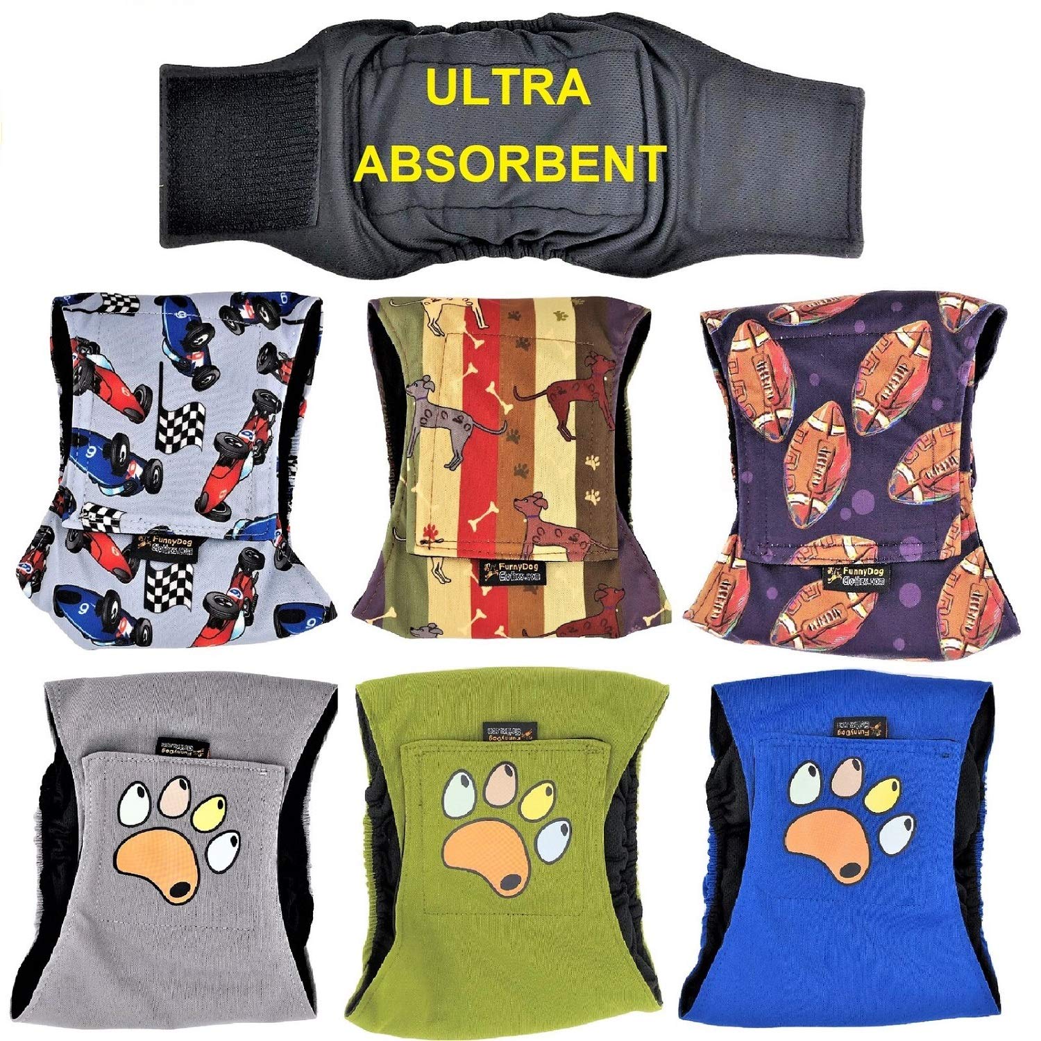 Pack of 6 Male Dog Diapers 4 - Layers of Absorbent Pads Waterproof Leak Proof Belly Band Wrap Washable (M: Waist 12 - 16, Pack o