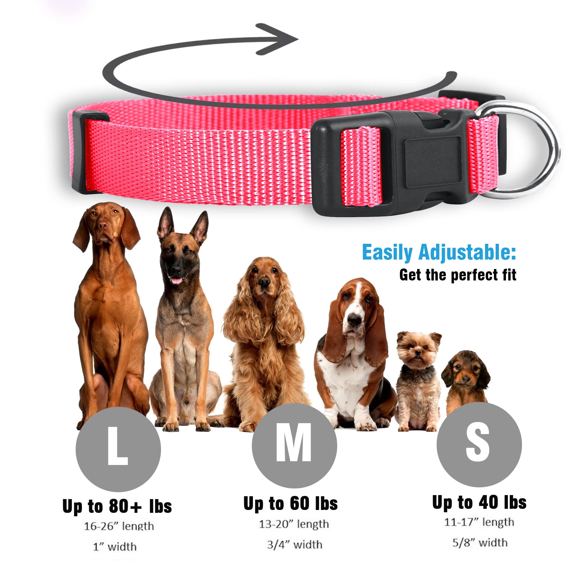 Native Pup Basic Nylon Dog Collar, Adjustable For Small, Medium, Large Pet And Puppies Accessories, Cute Colors For Male, Female, Boy, Girl, Puppy (Large, Hot Pink)