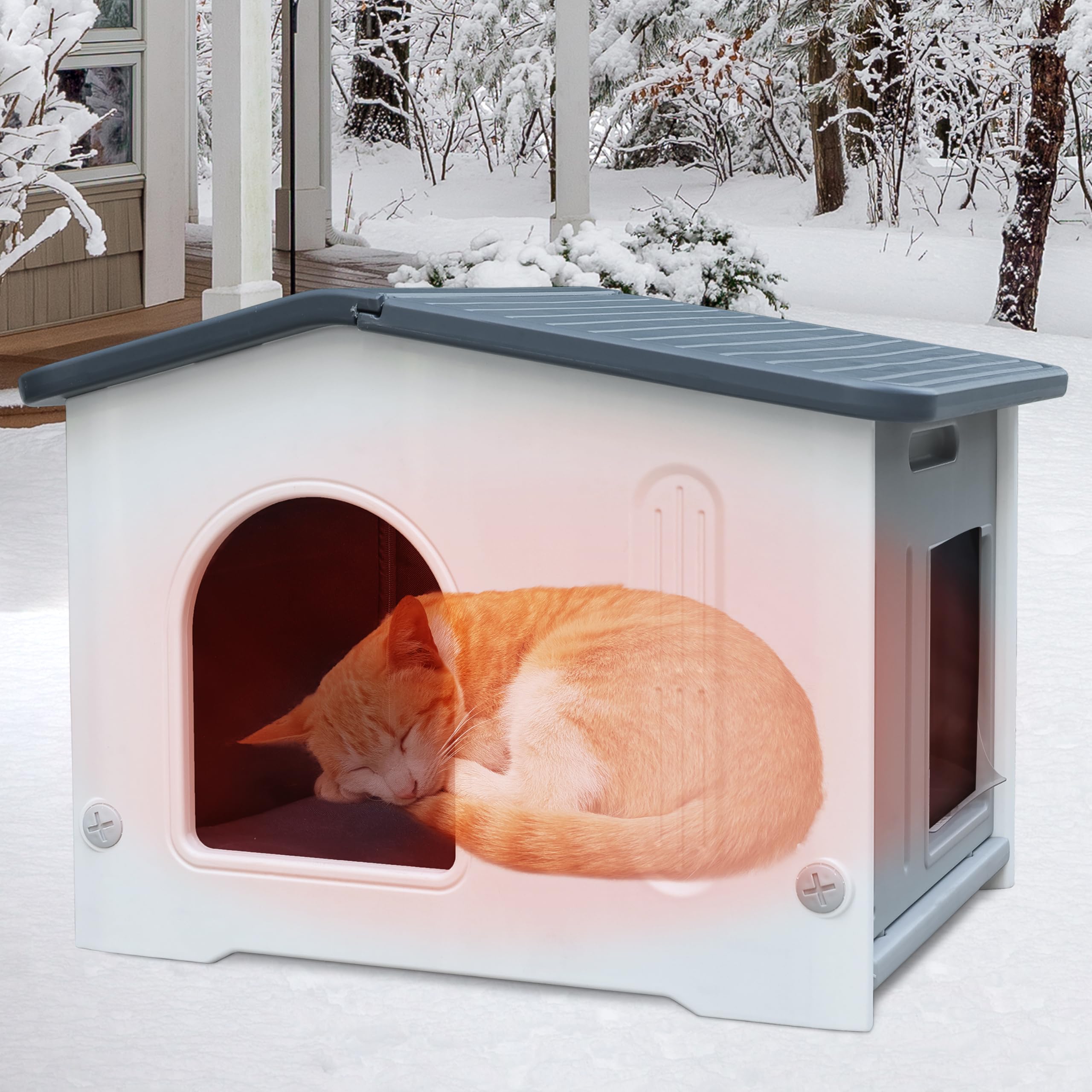 Rockever Plastic Outdoor Indoor Cat House With Insulated Liner, 100% Insulated Outdoor Cat Houses For Winter Feral Cats, Waterpr