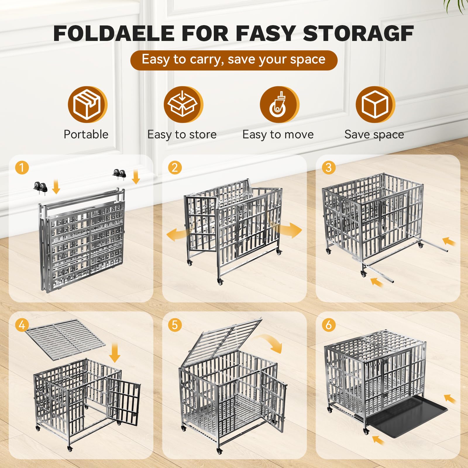 Holiwei 37 Heavy Duty Dog Crates for Large Dogs, Upgraded 4 Lockable Wheels, Stainless Steel Kennel Dog Kennel Indoor, Max Load