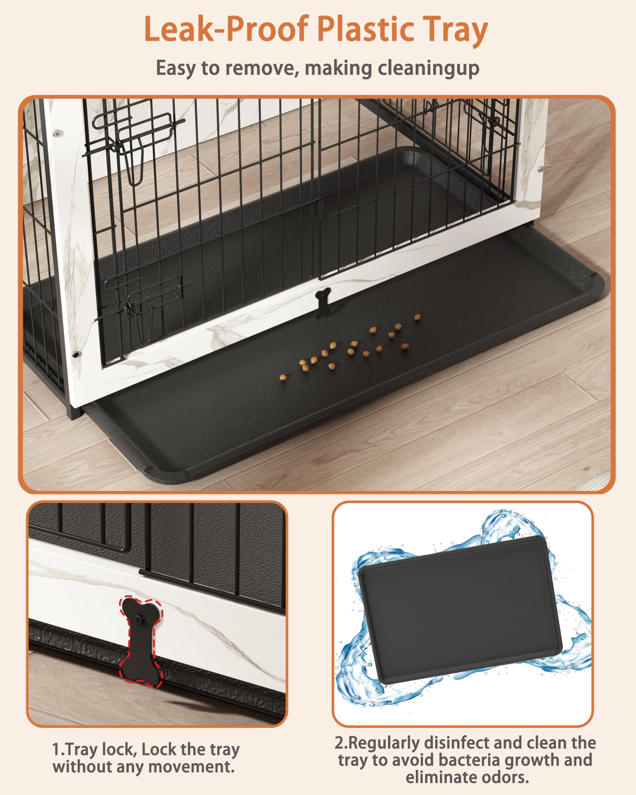 Megidok Wooden Dog Crate Furniture, Marble White End Table with Tray, Double Doors, 37"L x 25"W x 26"H, Model BBDD
