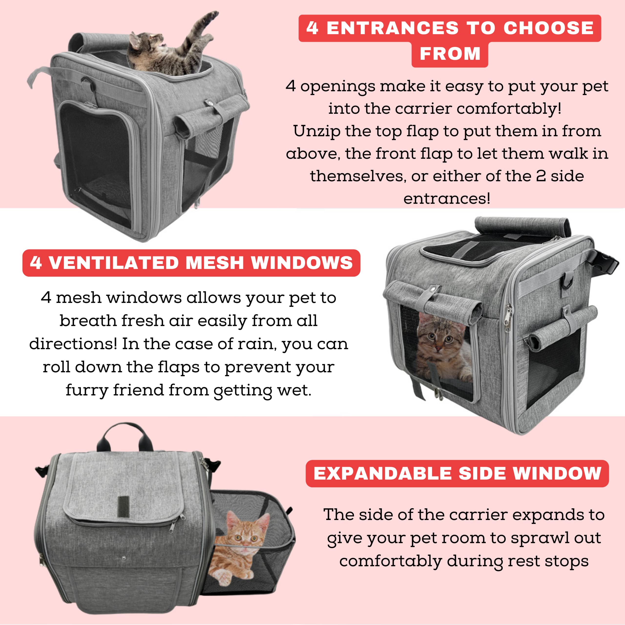 Cozy Cruiser Dog Bike Basket, Expandable Soft-Sided Reflective Pet Carrier Backpack with 4 Open Doors, 4 Mesh Windows for Medium