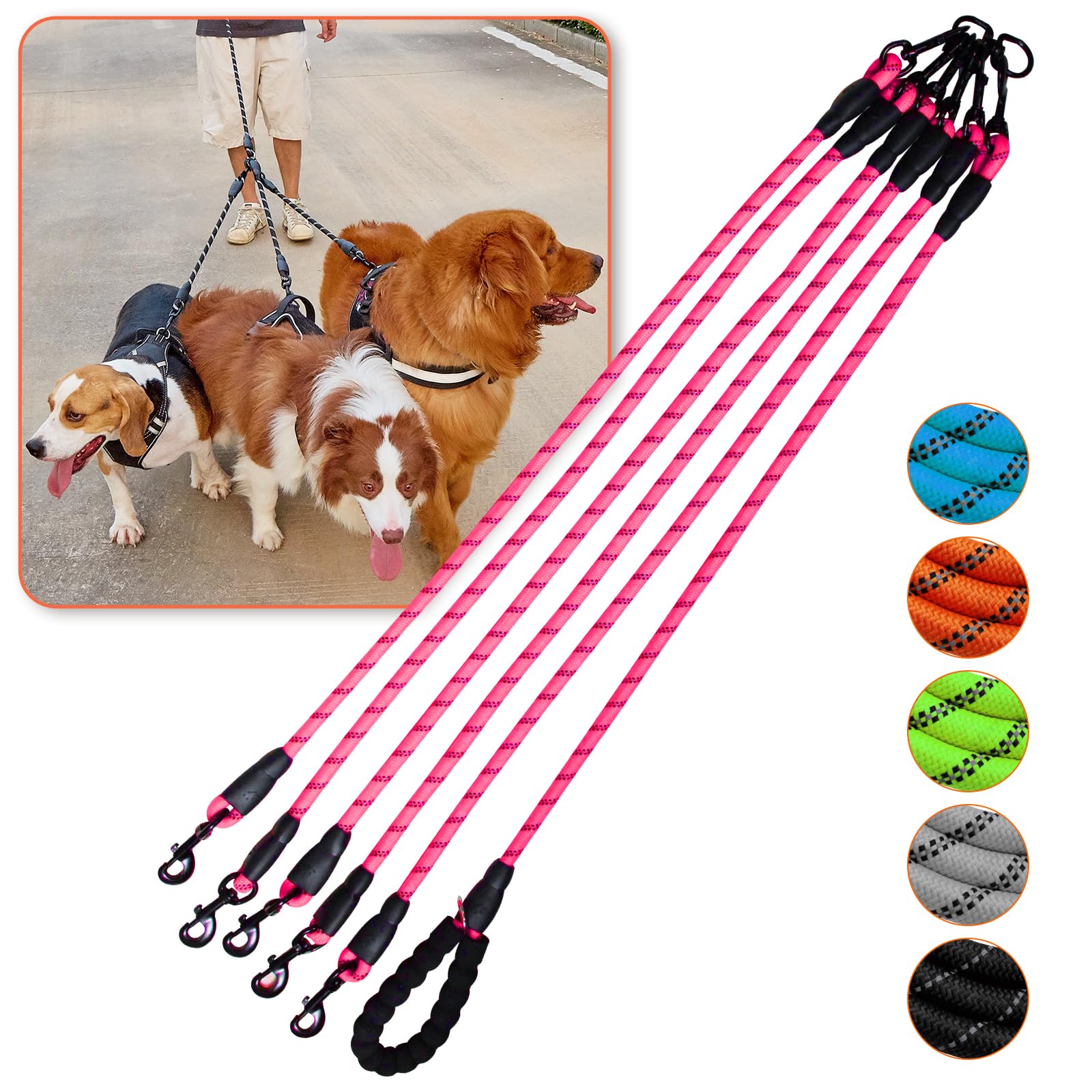 Five-In-One Pink Dog Leash Set - 360 Swivel, No-Tangle, Reflective For Walking & Training Five Dogs