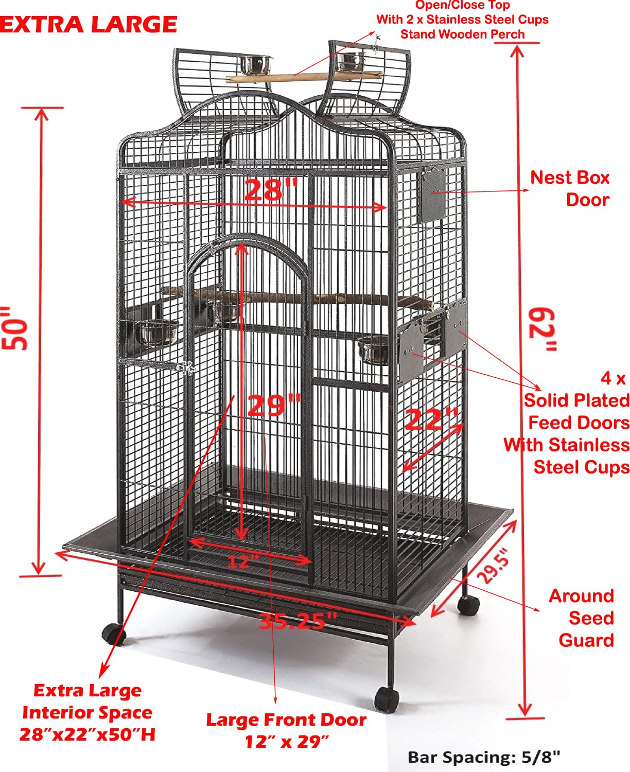 Extra Large Wrought Iron Open/Close Dome Perch Stand Play Top Bird Parrot Rolling Cage Solid Metal Plated Feeder Door Prevent Fo