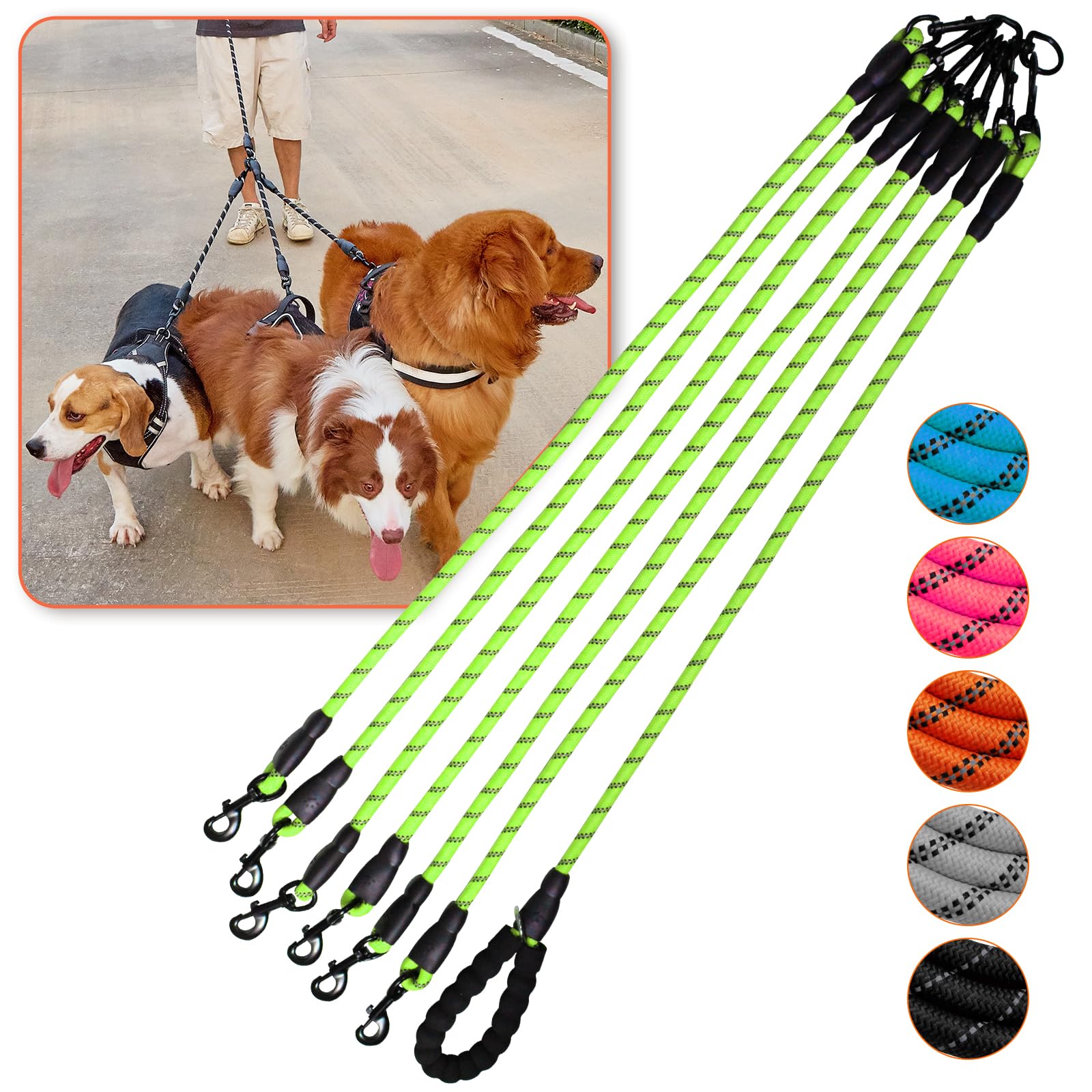 Dog Double Leashes,Comfortable Dog Leash With Reflective,No Tangle Triple Leash For Dogs (Green Six Leashes)