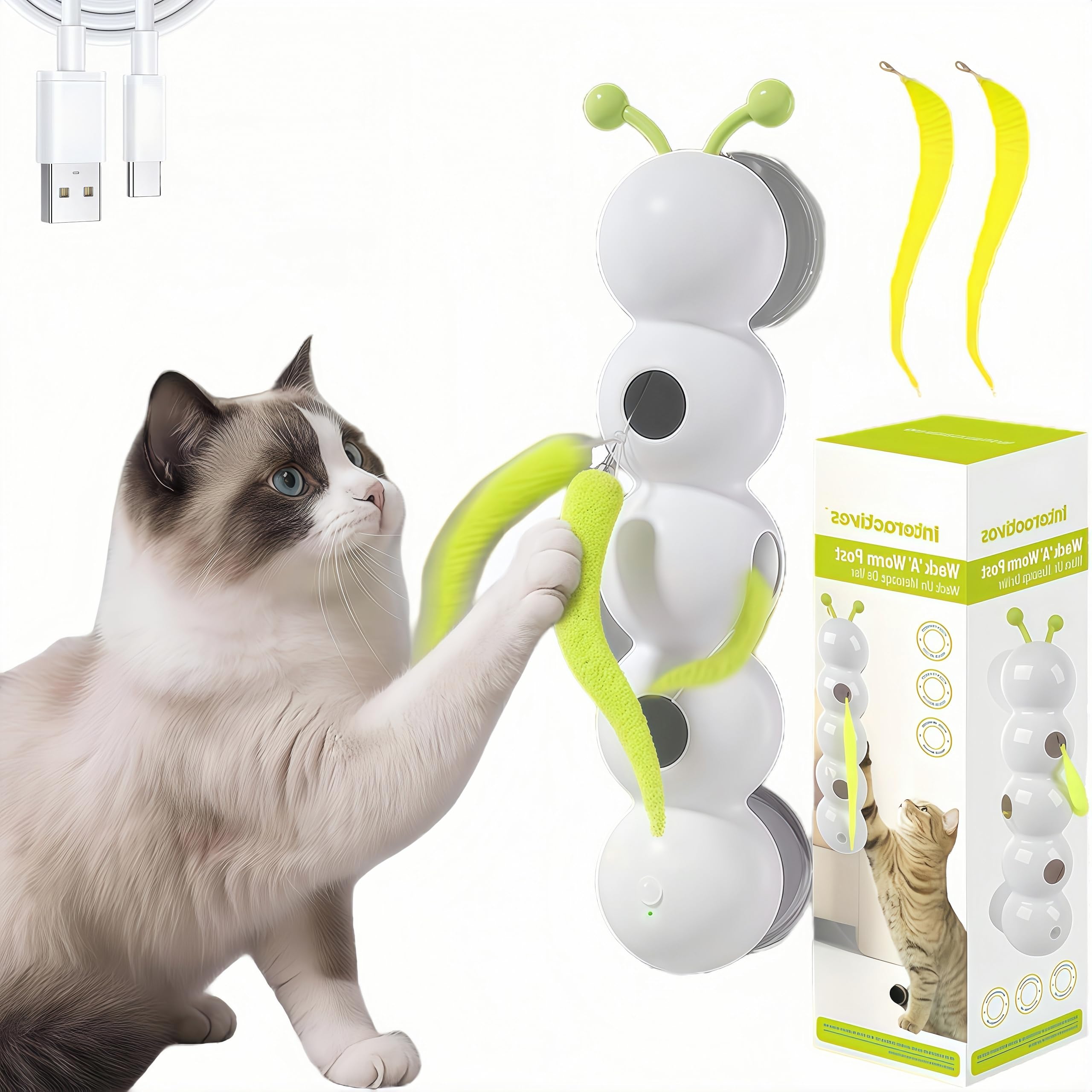 Interactive Cat Feather Toy, Automatic Fluffy Cat Teaser, Whack-a-Mole Cat Toy, USB Rechargeable, Wall-Mounted, with Suction Cup