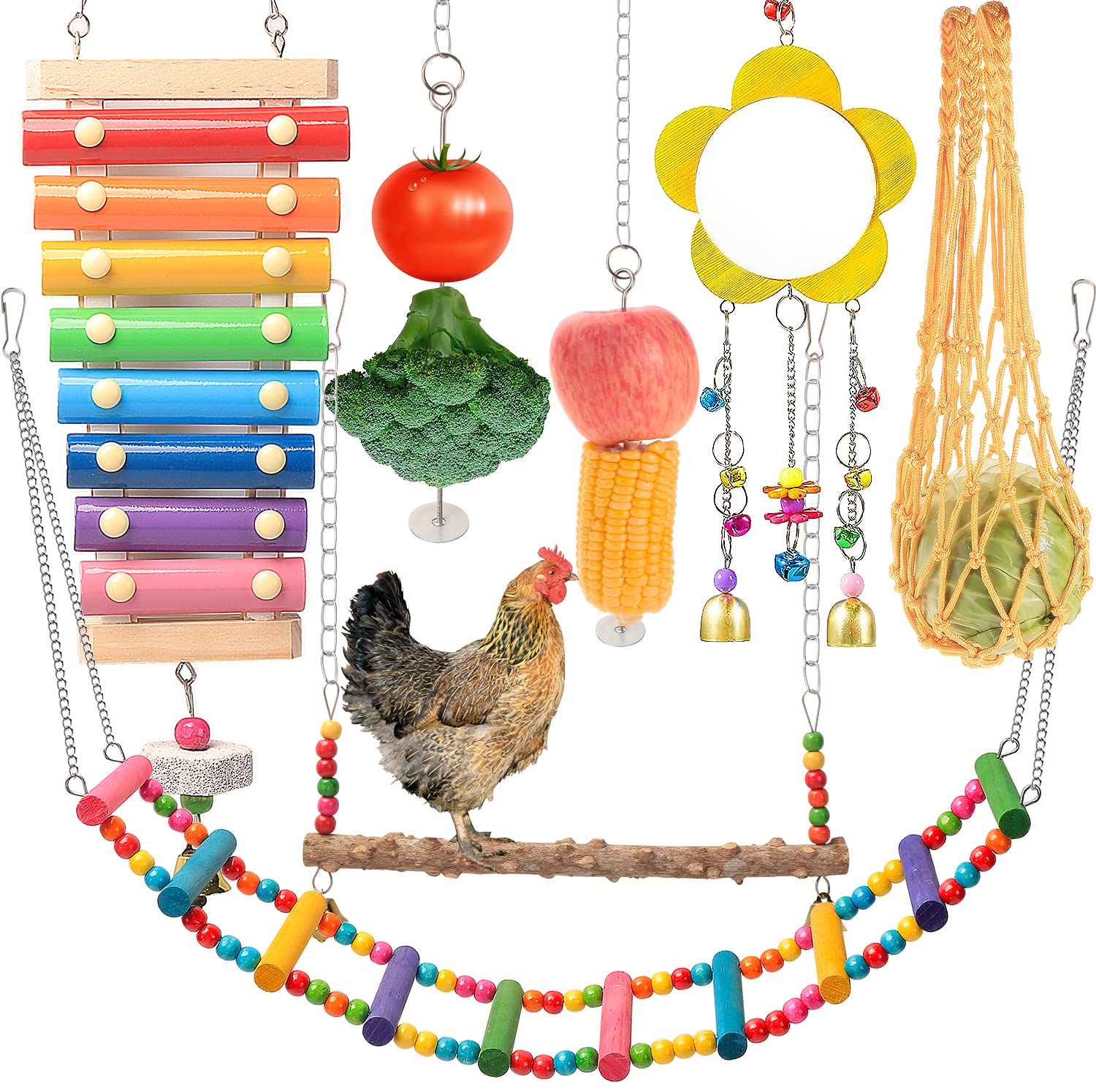 KAKUNM Chicken Toys for Coop 7PCS | Chicken Xylophone, Swing Set, Mirror Toy, Flexible Ladder, Vegetable String Bag and Hanging 