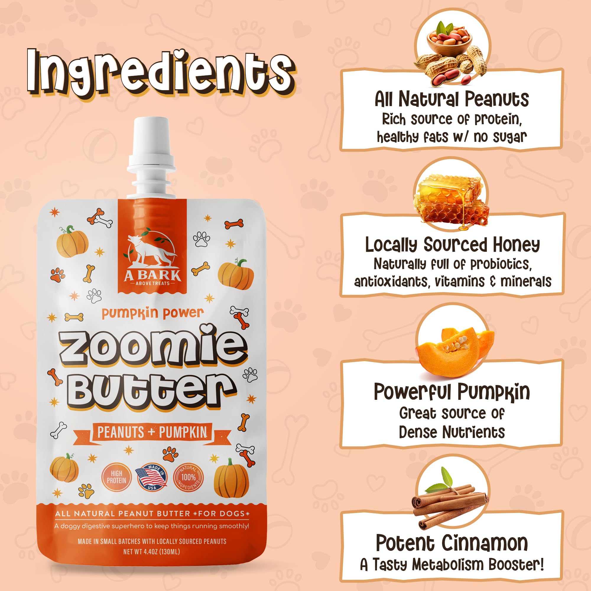 Zoomie Butter Pumpkin Power Dog Peanut Butter Spread, All Natural Dog Treat. Human Grade & Safe Puppy Food, Peanuts & Pumpkin fo