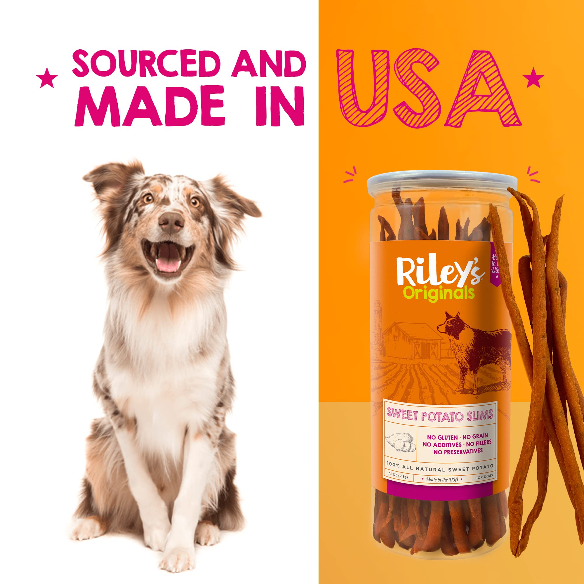 Rileys Slims Dried Sweet Potato Dog Treats - Dehydrated Chews for Dogs - Single Ingredient USA Sourced Made in The USA - 7.5 oz