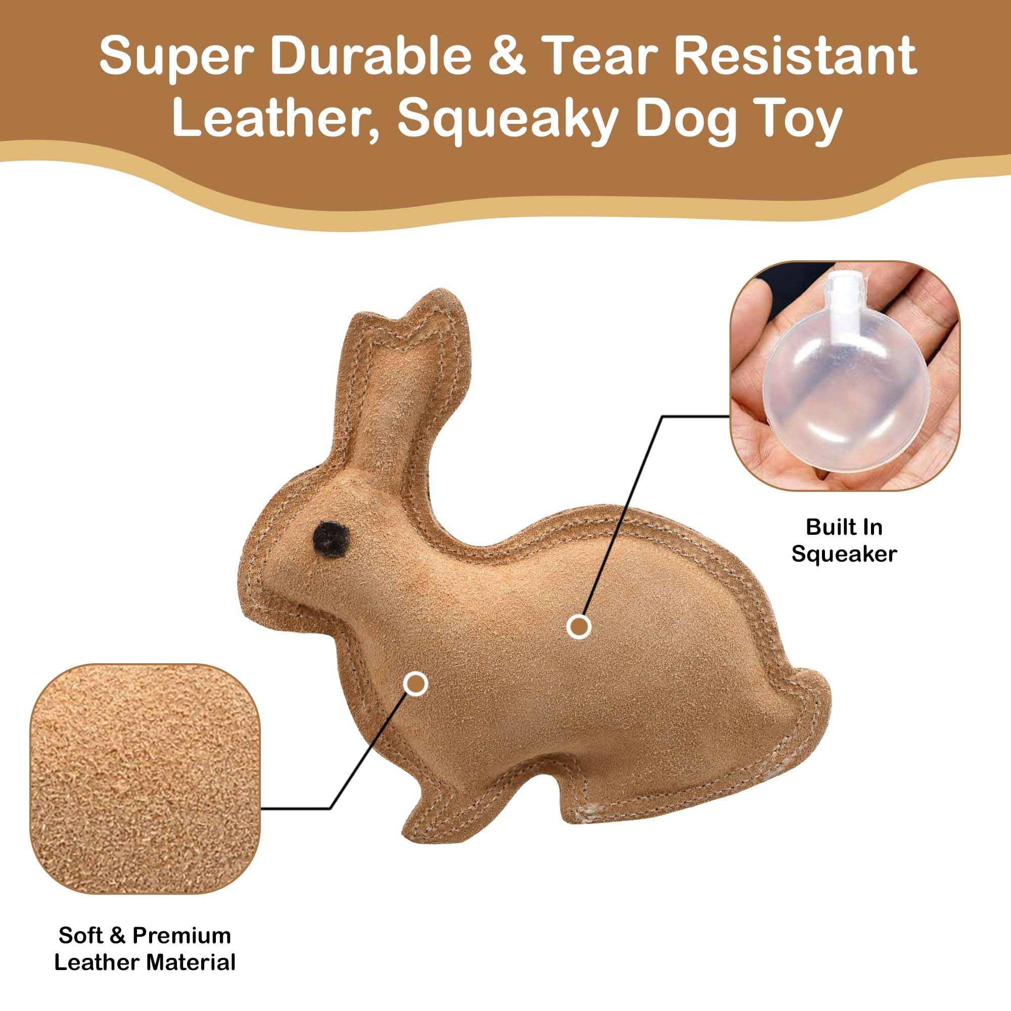 SPOT Dura-Fused Leather Rabbit - Durable Dog Toy with Squeaker, Real Leather & Jute Fabric, Interactive Toy for Moderate & Aggre