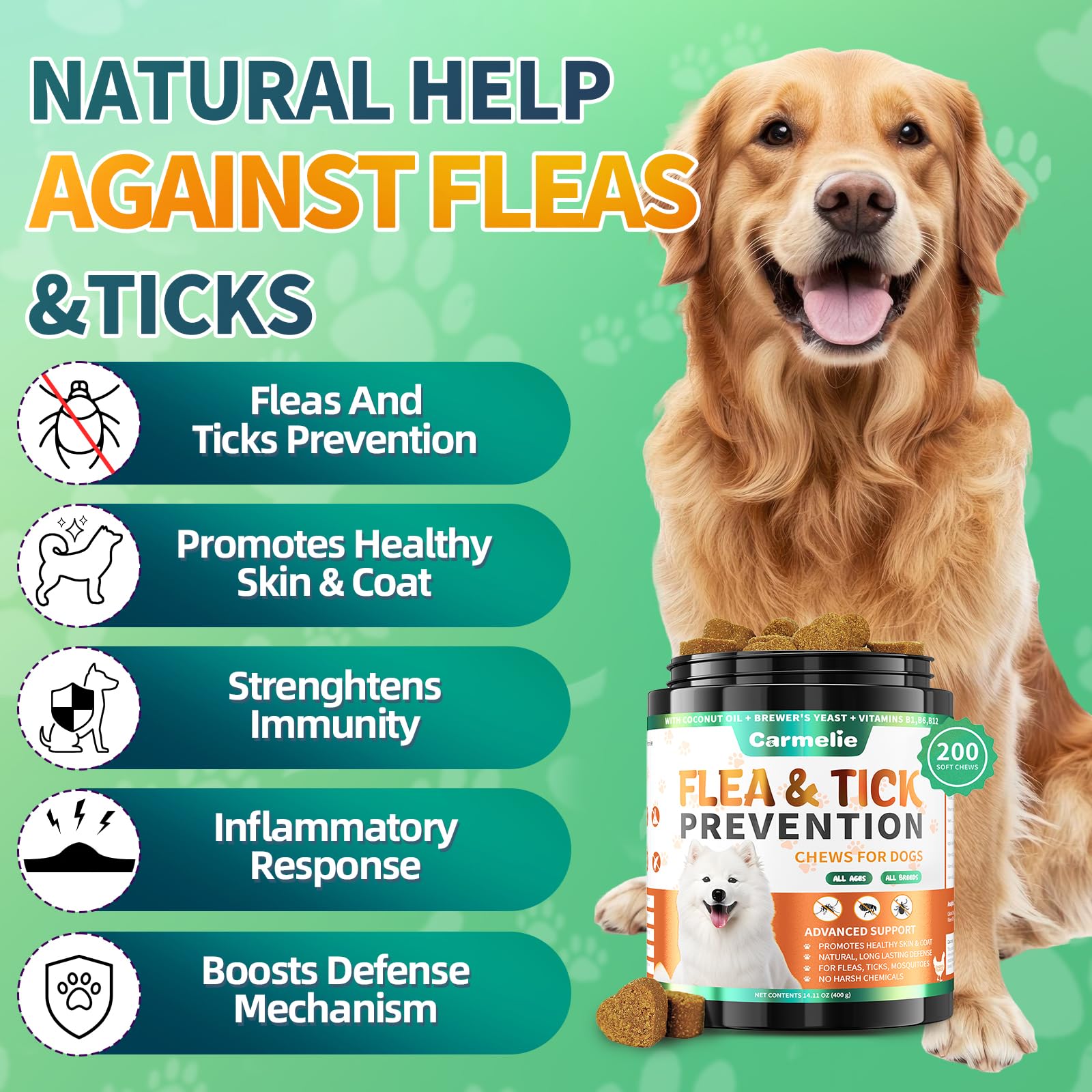 Carmelie Flea and Tick Prevention for Dogs Chewables - 200 Soft Chews Natural Dog Flea and Tick Chewables, Oral Flea Supplement