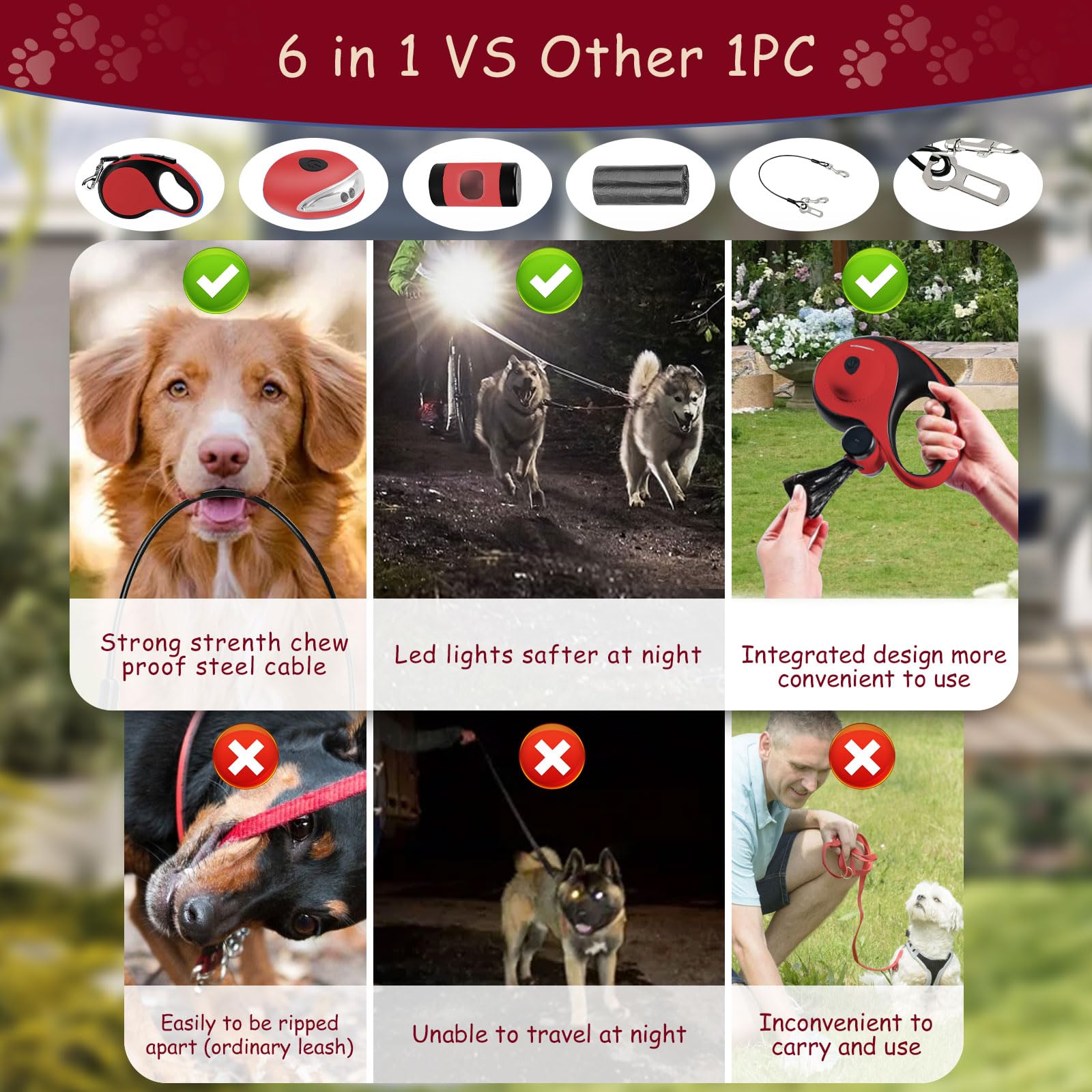 26Ft Retractable Dog Leash for Dog Up to 110lbs, Tangle Free Walking Leash, Heavy Duty Nylon Tape with Chew Proof Cable | LED Li