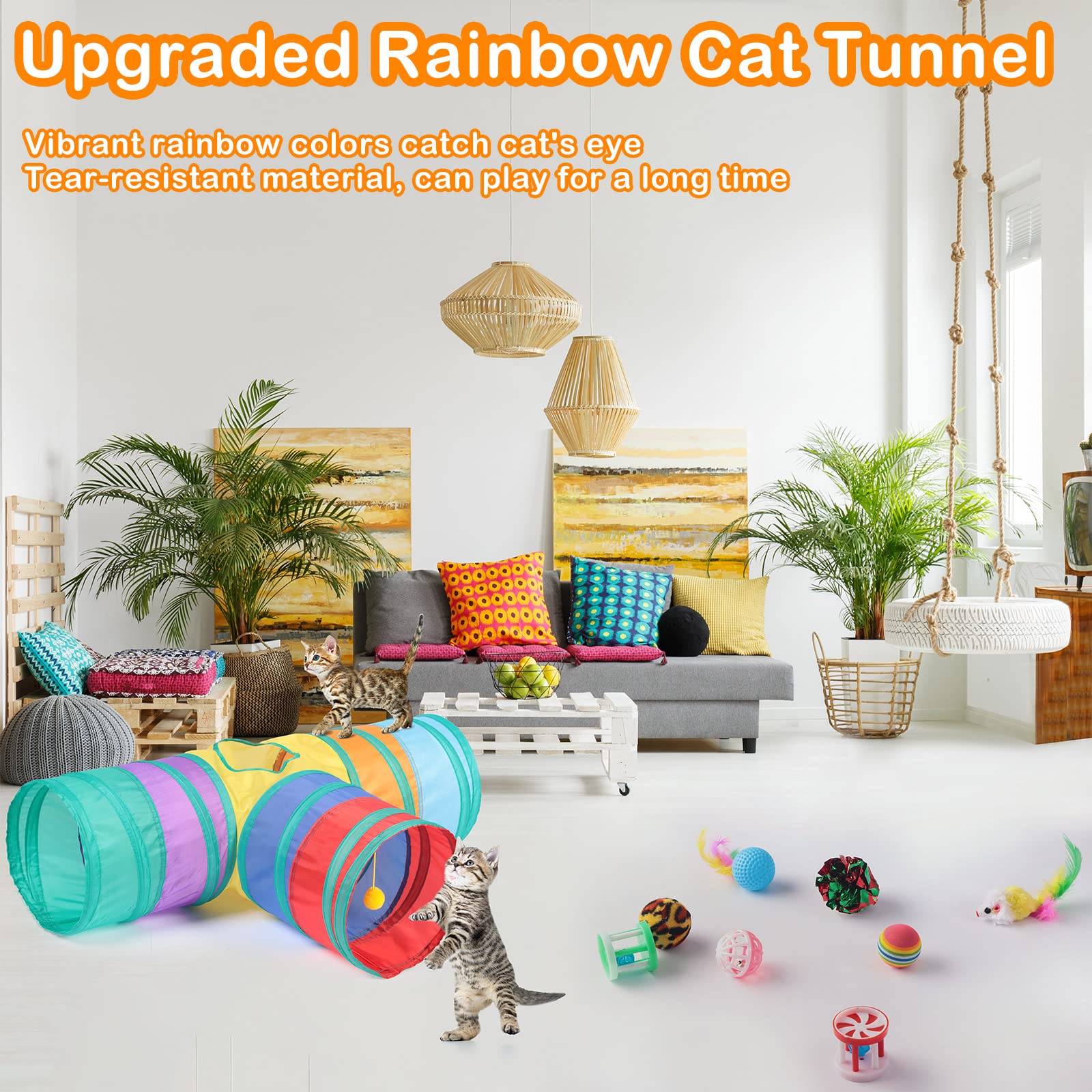 Wettarn 22 Pieces Cat Toys Set, With 2 Collapsible Tunnels For Indoor Cats And 20 Kitten Toys Tubes And Tunnels Interactive Feat