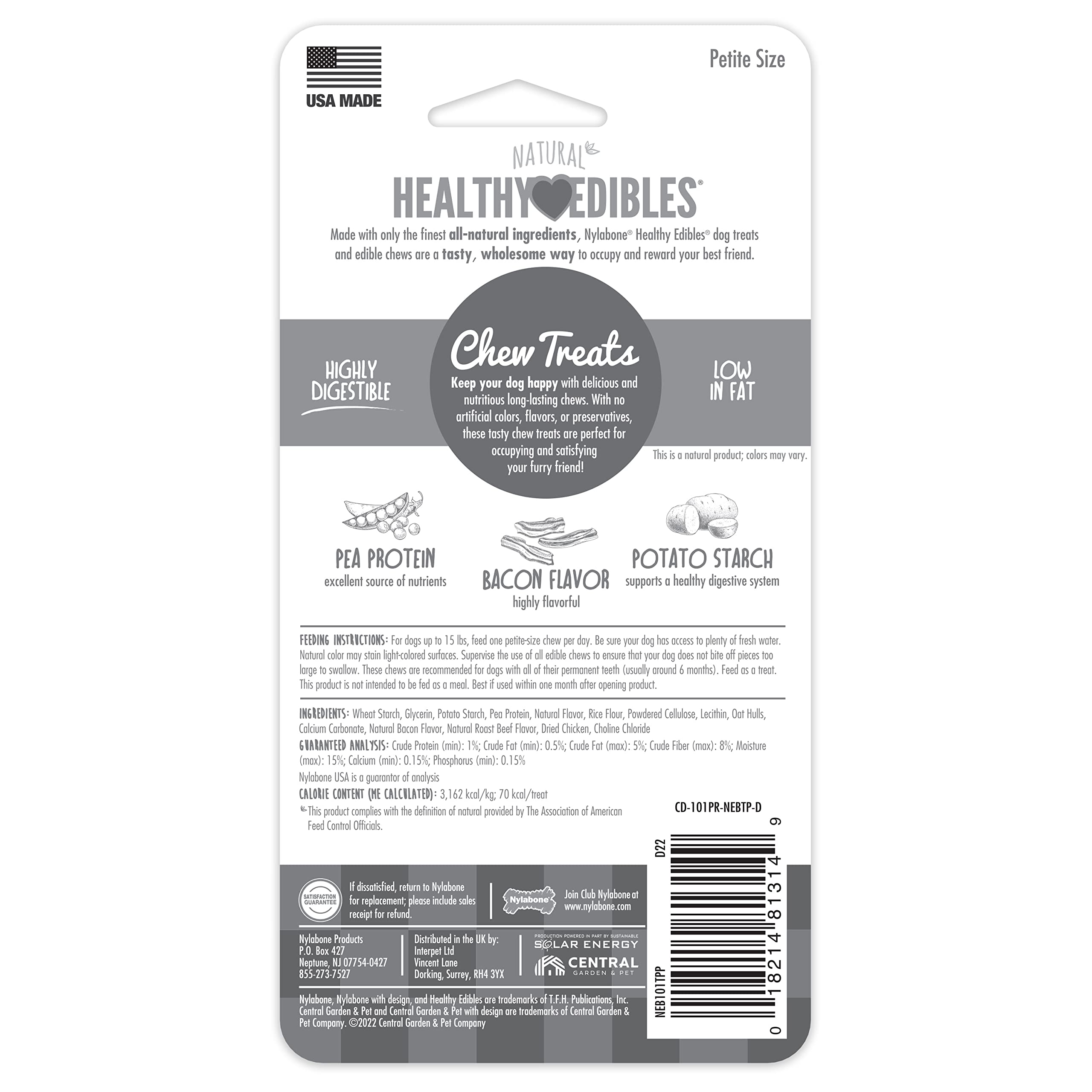 Nylabone Healthy Edibles Natural Dog Chews Long Lasting Bacon Flavor Treats for Dogs, X-Small/Petite (2 Count)