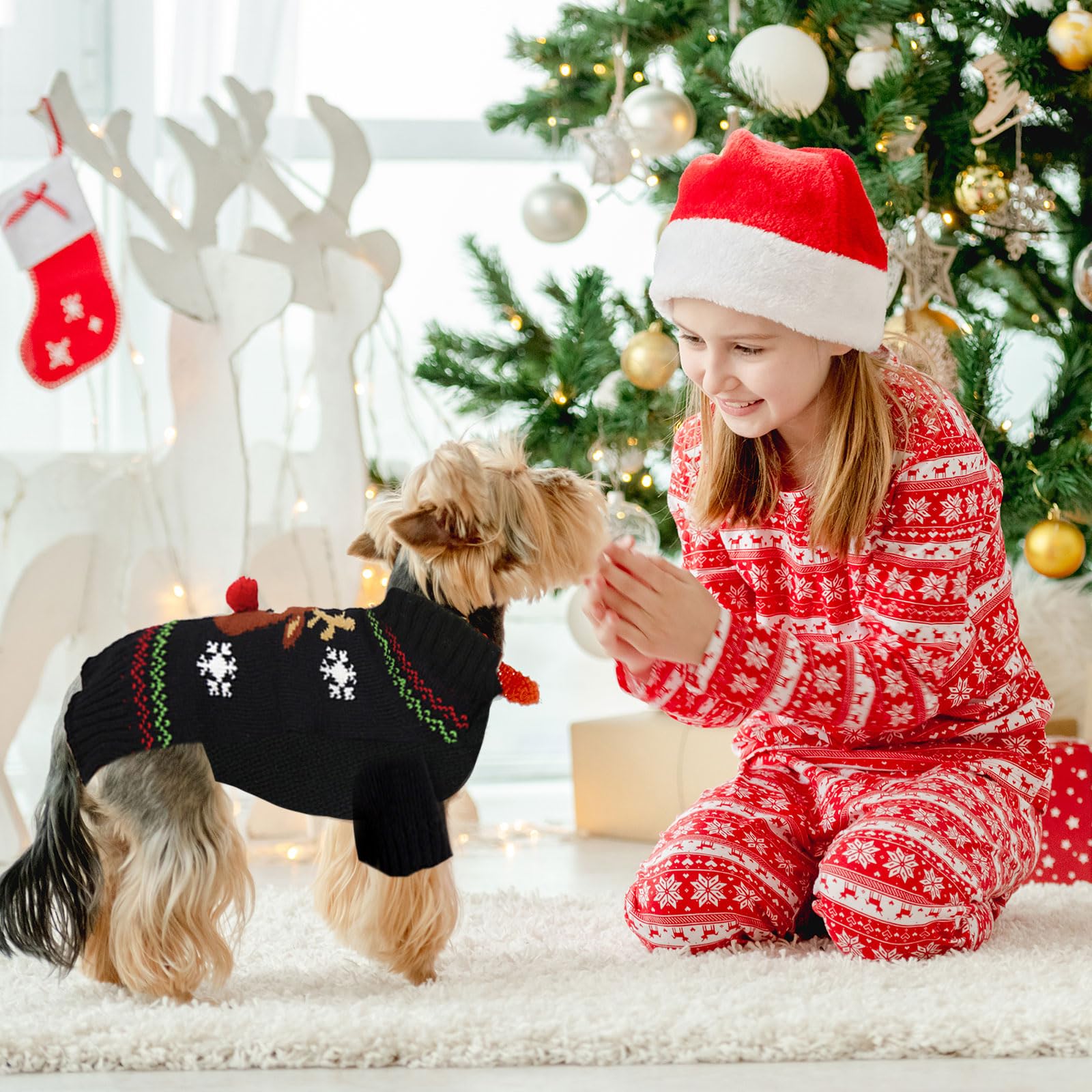 Axiijgl Reindeer Cat Christmas Sweater Soft Dog Clothes Outfit With Leash Hole For Dachshund, French Bulldog Winter Clothes