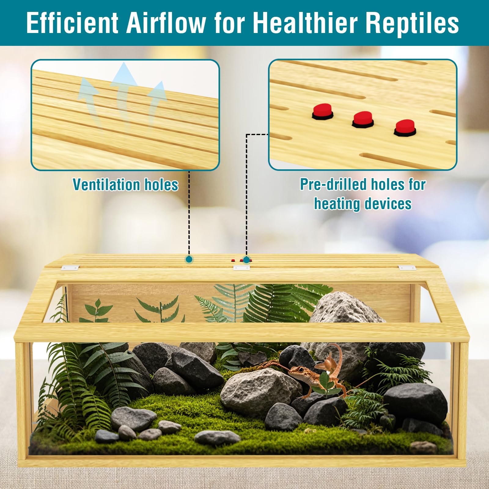 75 Gallon Reptile Tank, Wooden Bearded Dragon Terrarium Tank With Top Ventilation, Large Reptile Enclosure For Snake, Lizard, An