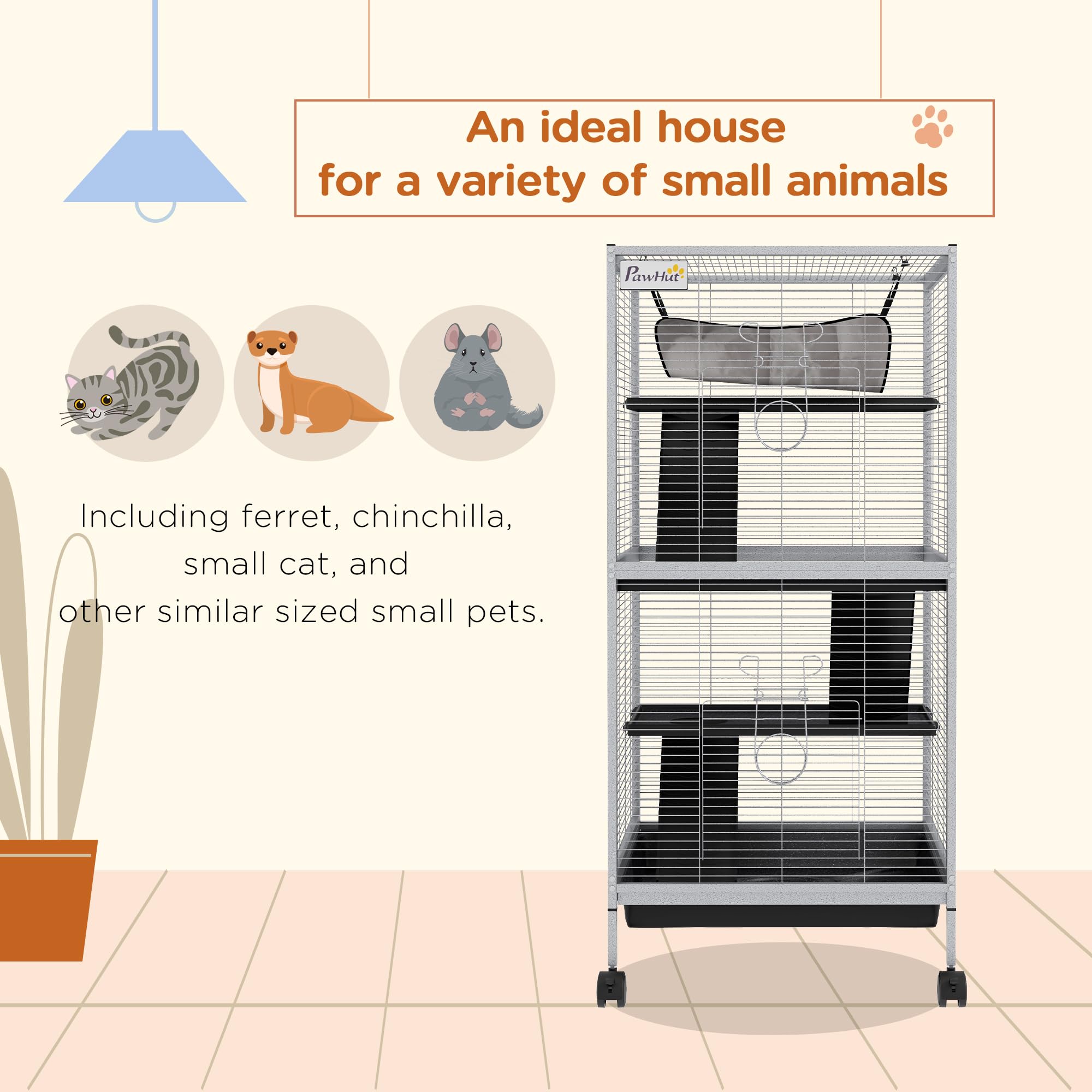 Pawhut Metal Small Animal Cage Rolling Big Ferret Cage, Chinchilla Cage, Sugar Glider Cage, With Hammock & 4 Tiers, Removable Tray, White