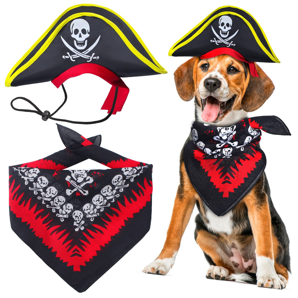 Aichiyu 2 Pieces Skull Print Pet Pirate Hat With Pirate Skull Bandana Dog Cat Captain Cap Halloween Pirate Cosplay Costume Halloween Party Hat Dress Up Costume Accessories (C) One Size