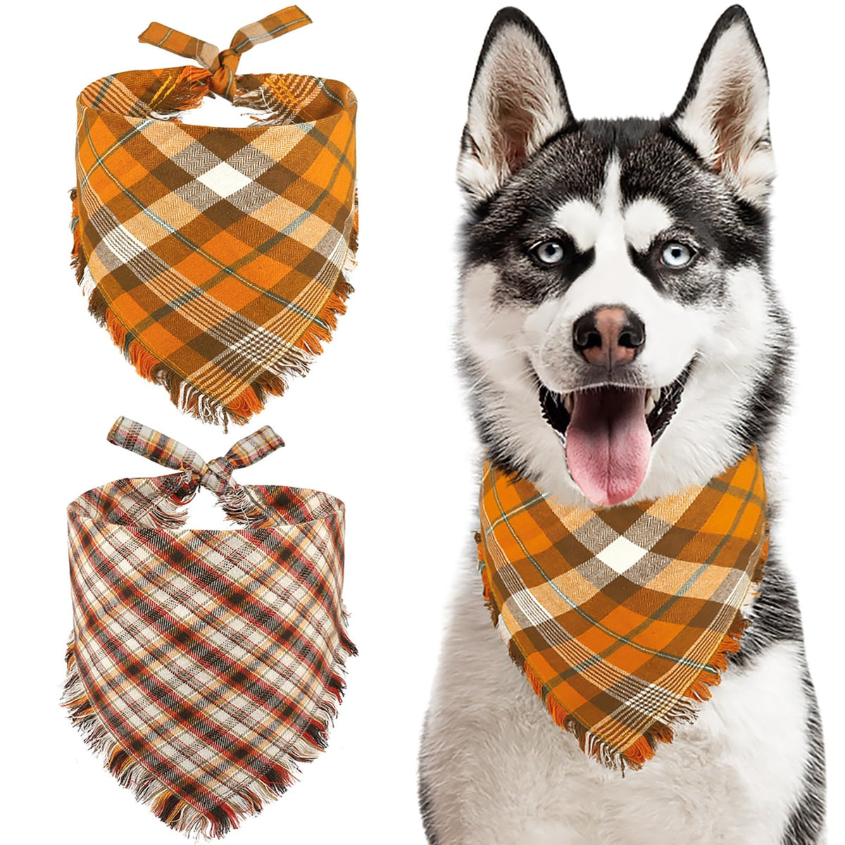 Kytely Fall Dog Bandana 2 Pack, Autumn Thanksgiving Dog Bandana Large, Orange Plaid Pet Scarf For Boy And Girl, Holiday Bandanas Triangle Bibs For Medium And Large Dogs (Large)